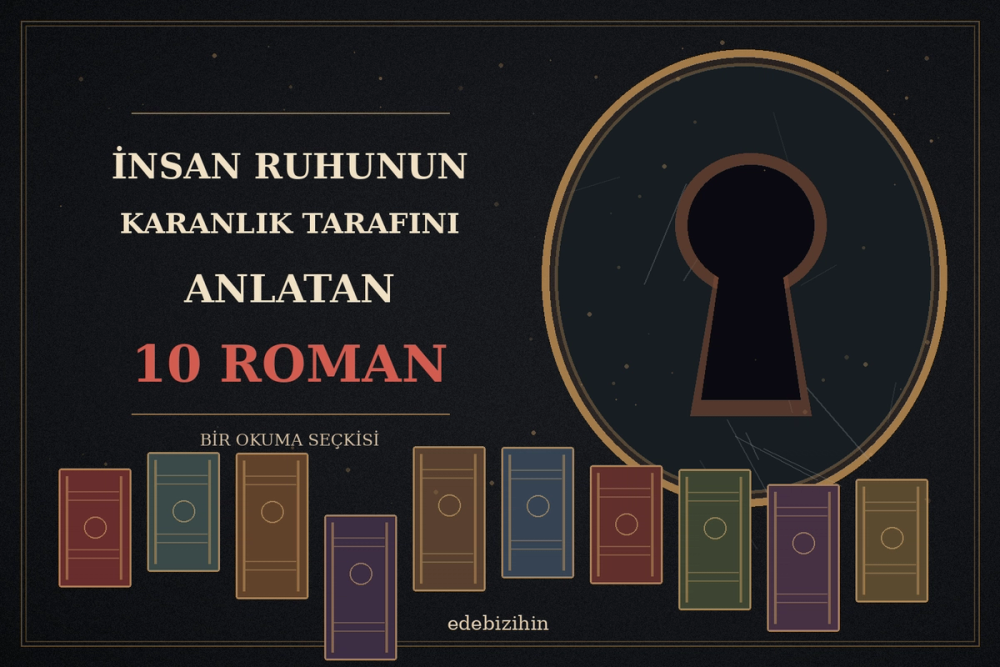 İnsan Ruhunun Karanlık Tarafını Anlatan 10 Roman seçkisi için on renkli kitap sırtı, karanlık ayna ve anahtar deliği tasarımı