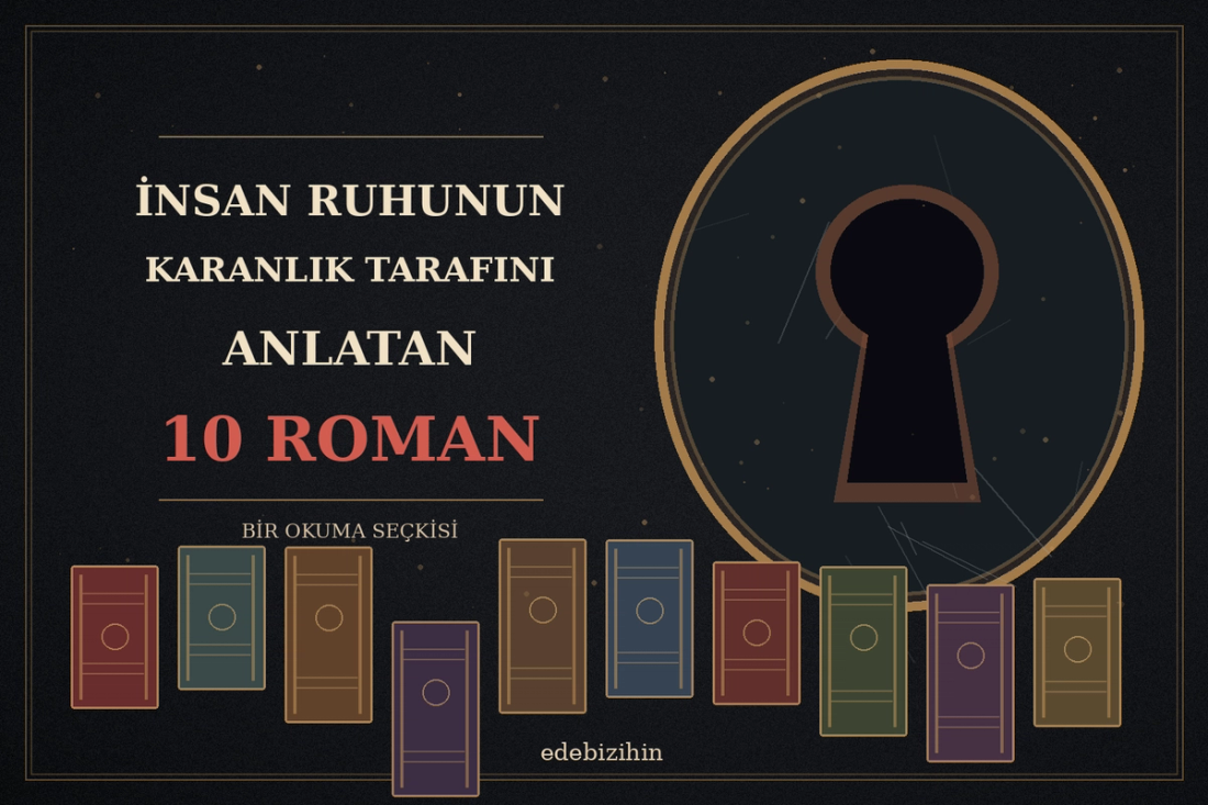 İnsan Ruhunun Karanlık Tarafını Anlatan 10 Roman seçkisi için on renkli kitap sırtı, karanlık ayna ve anahtar deliği tasarımı