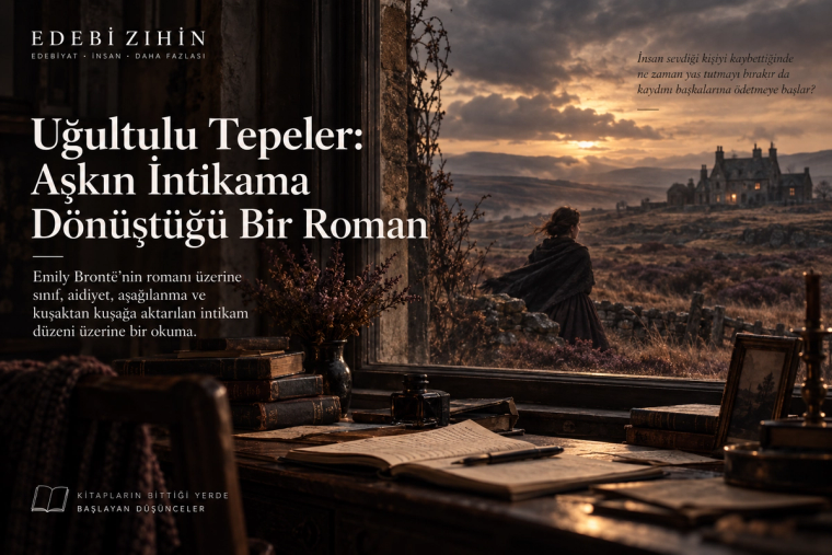 Uğultulu Tepeler dosyasının Edebî Zihin hero görseli; Yorkshire bozkırına açılan karanlık bir iç mekân, uzaktaki taş malikâne ve rüzgâr altında duran yalnız bir figür.