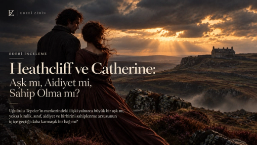 Heathcliff ve Catherine ilişkisini konu alan Edebî Zihin hero görseli; Yorkshire bozkırında yan yana duran iki figür, uzak malikâne ve fırtınalı gökyüzüyle aşk, aidiyet ve sahip olma arasındaki gerilimi simgeliyor.