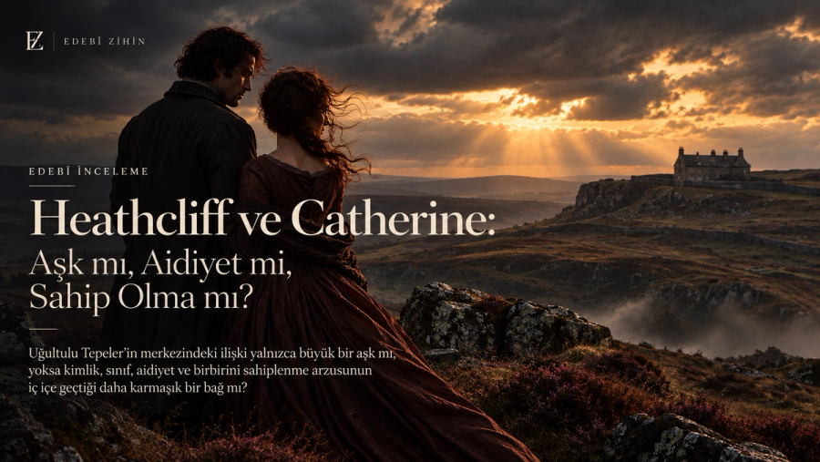 Heathcliff ve Catherine ilişkisini konu alan Edebî Zihin hero görseli; Yorkshire bozkırında yan yana duran iki figür, uzak malikâne ve fırtınalı gökyüzüyle aşk, aidiyet ve sahip olma arasındaki gerilimi simgeliyor.