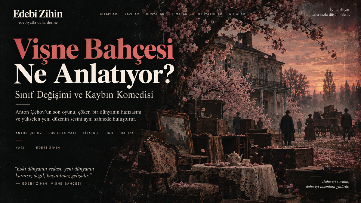 Vişne Bahçesi Ne Anlatıyor? — sınıf değişimi, kayıp ve eski dünyanın vedasını anlatan Edebî Zihin tipografik hero görseli