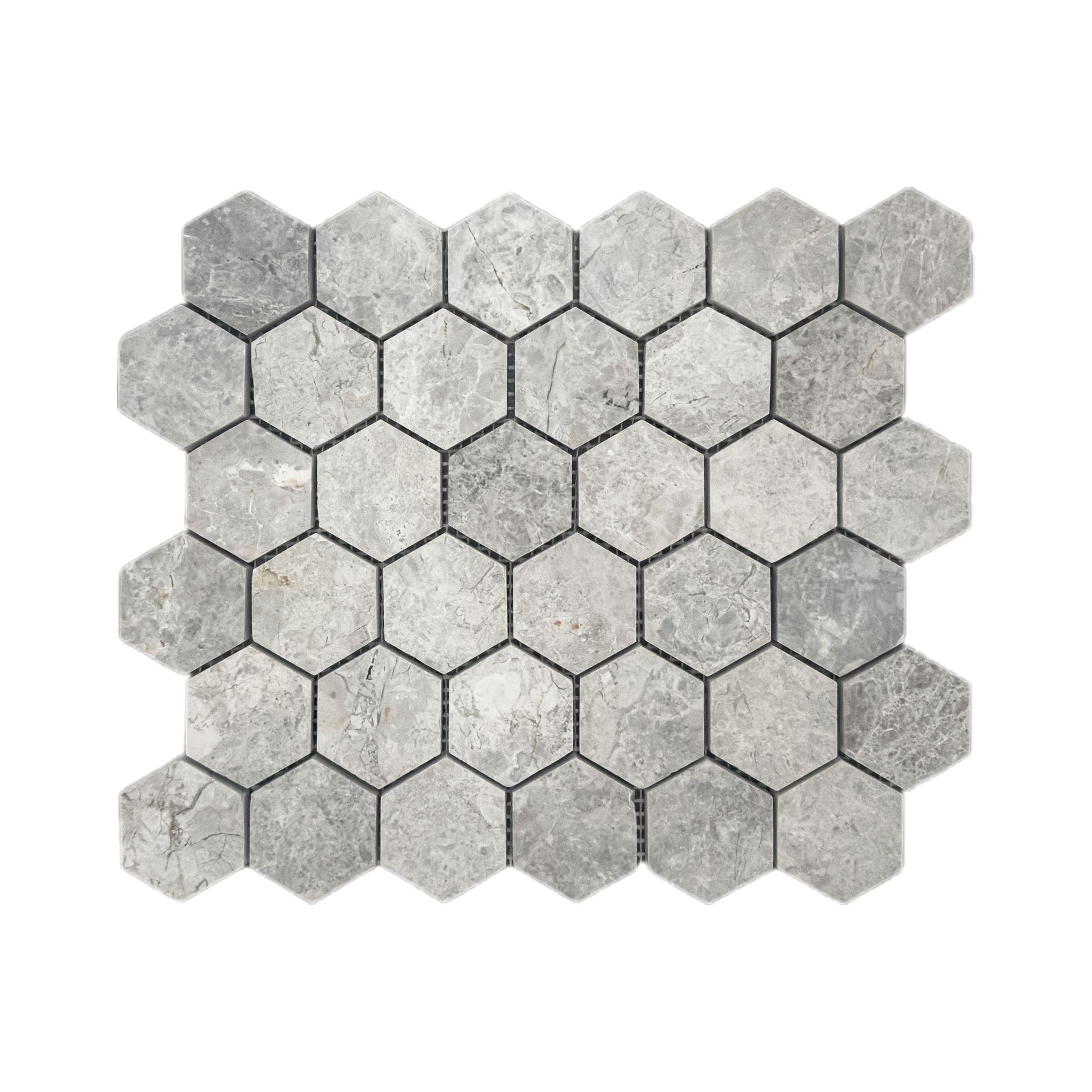 Polished Silver Shadow marble two-inch hexagon mosaic tile in silver and dove grey