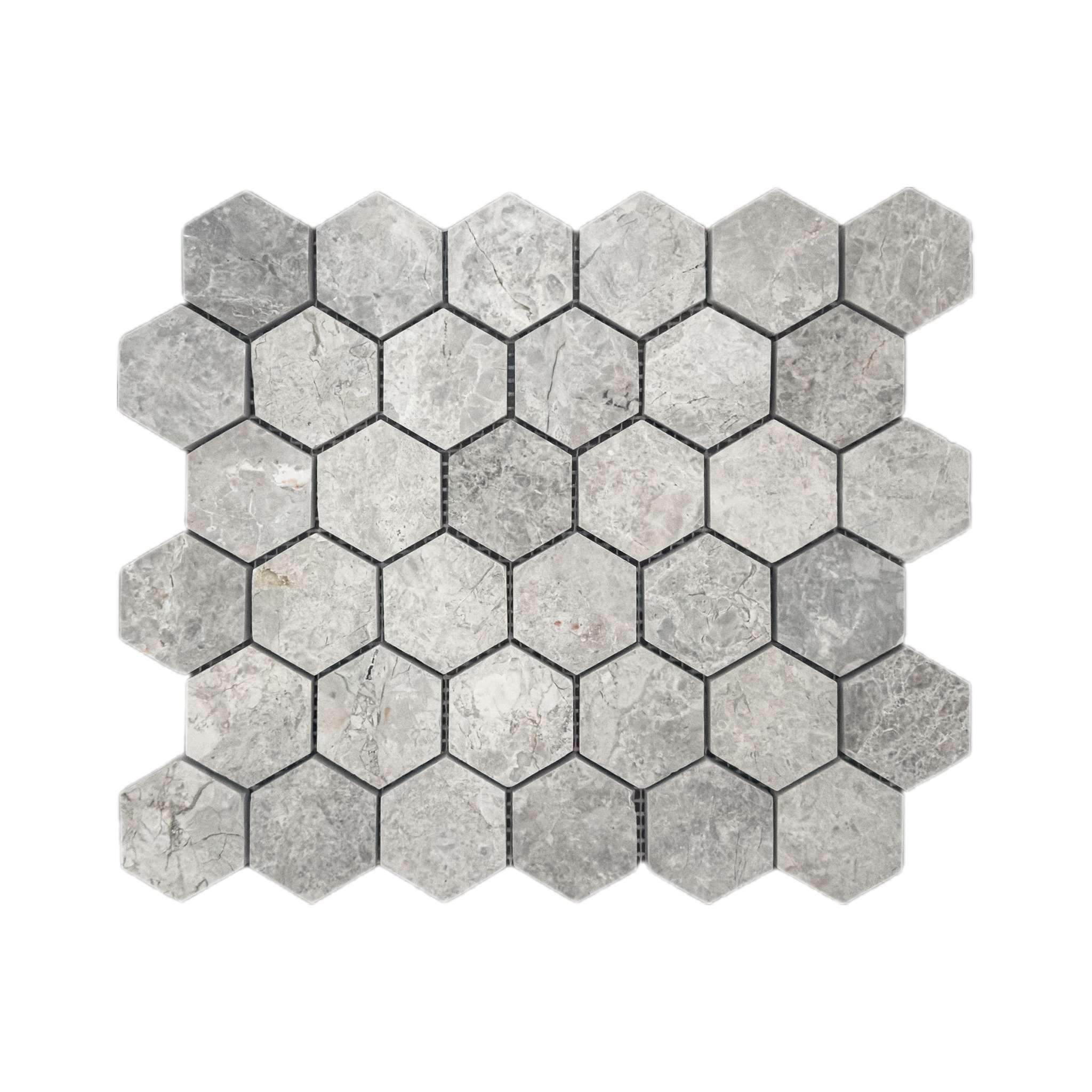 Polished Silver Shadow marble two-inch hexagon mosaic tile in silver and dove grey