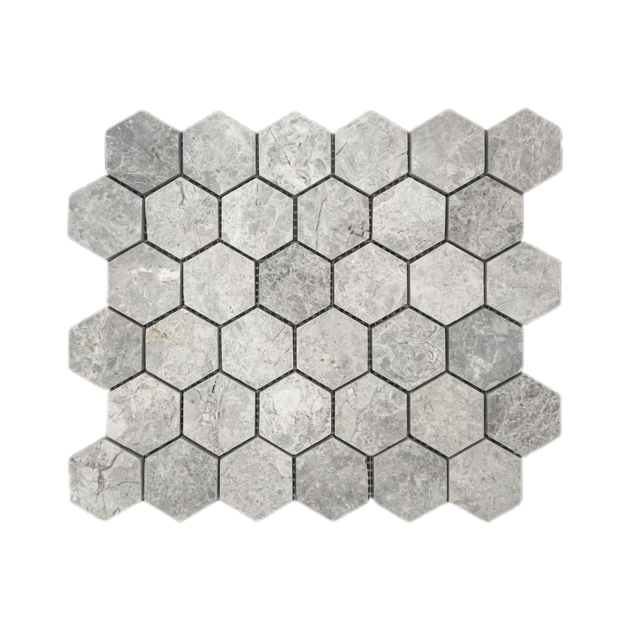 Polished Silver Shadow marble two-inch hexagon mosaic tile in silver and dove grey