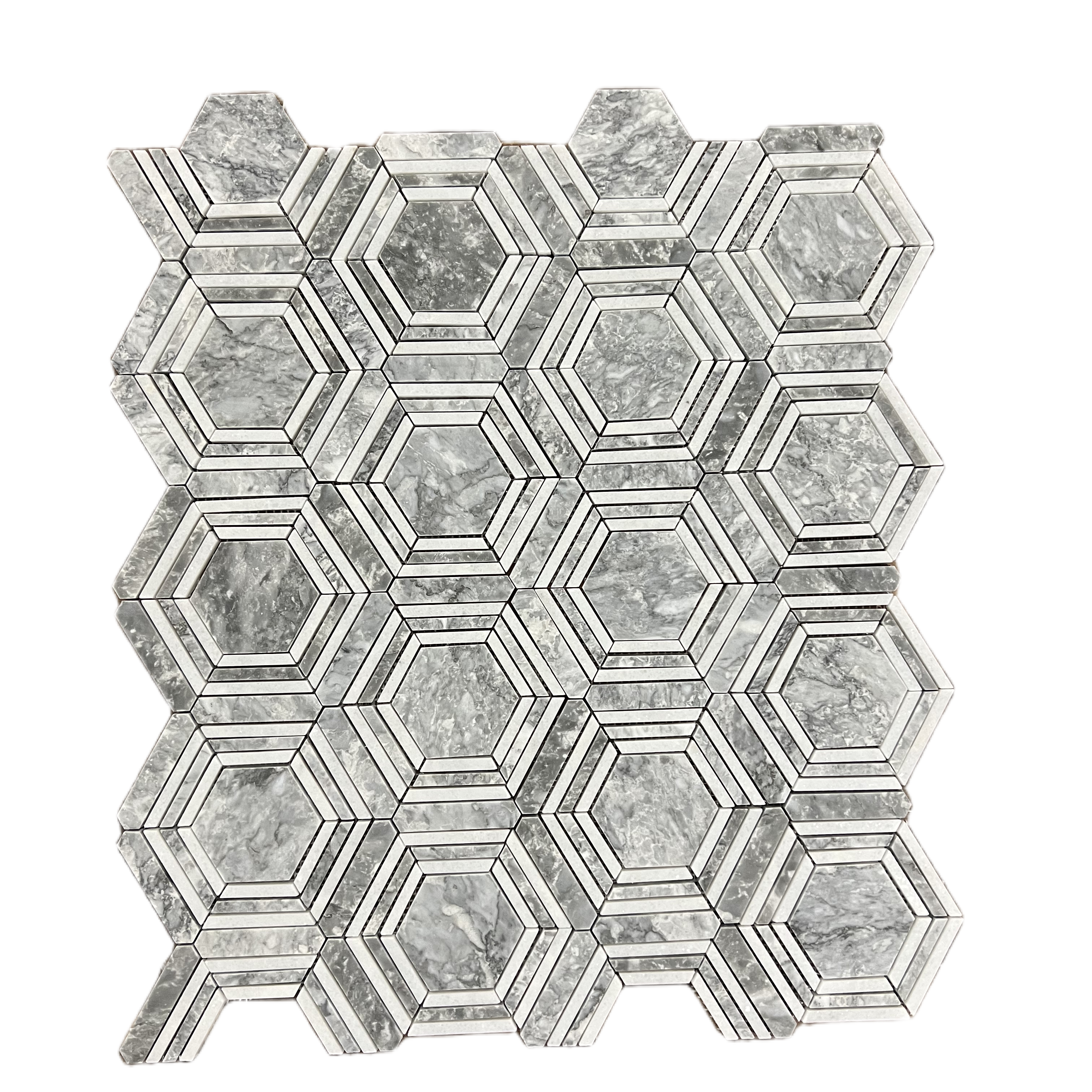 Honed Carrara white and platinum grey marble framed hexagon mosaic tile with concentric banding thumbnail 2