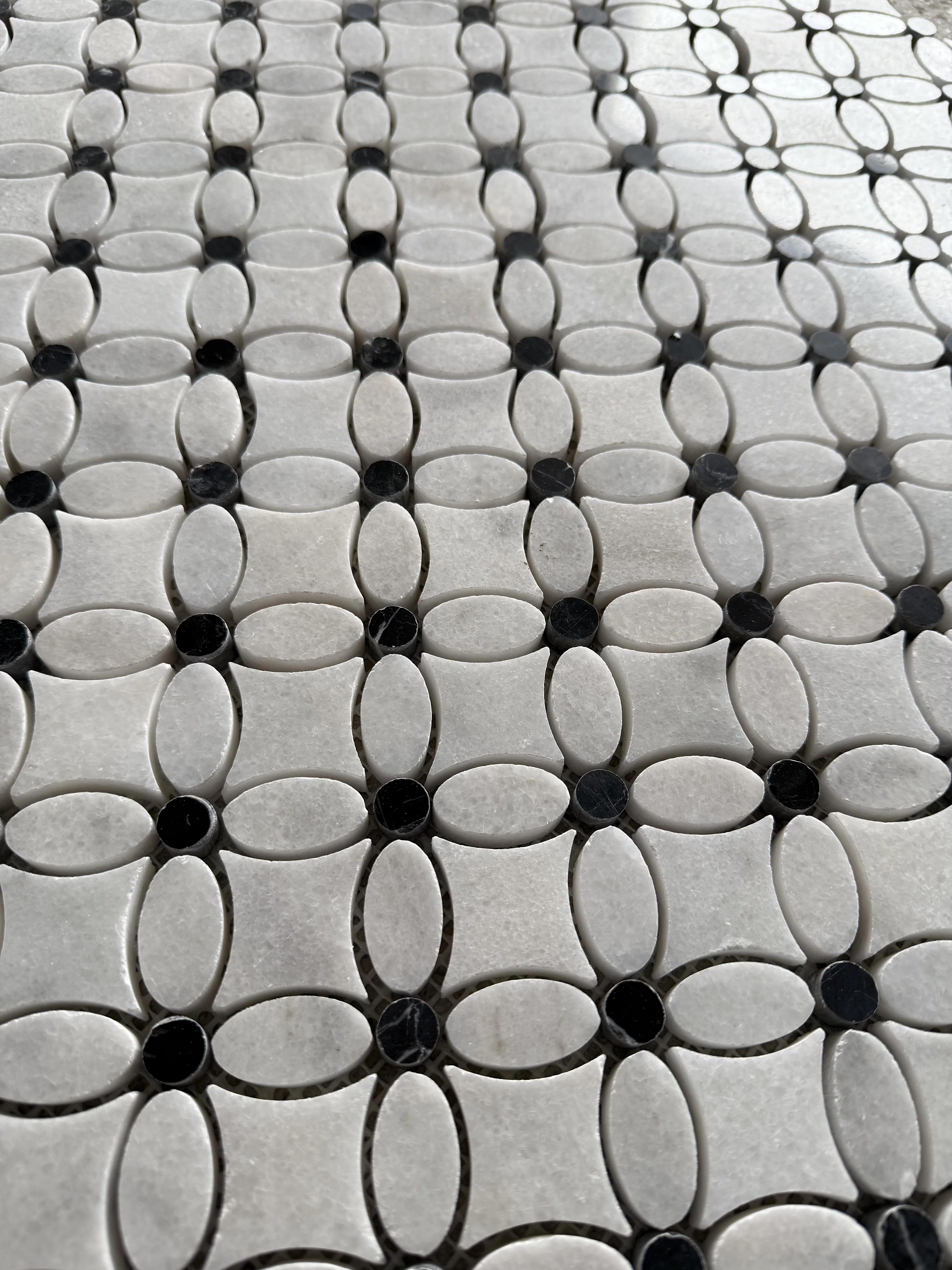Polished Carrara white and Nero Marquina marble flower mosaic tile with black dots thumbnail 3