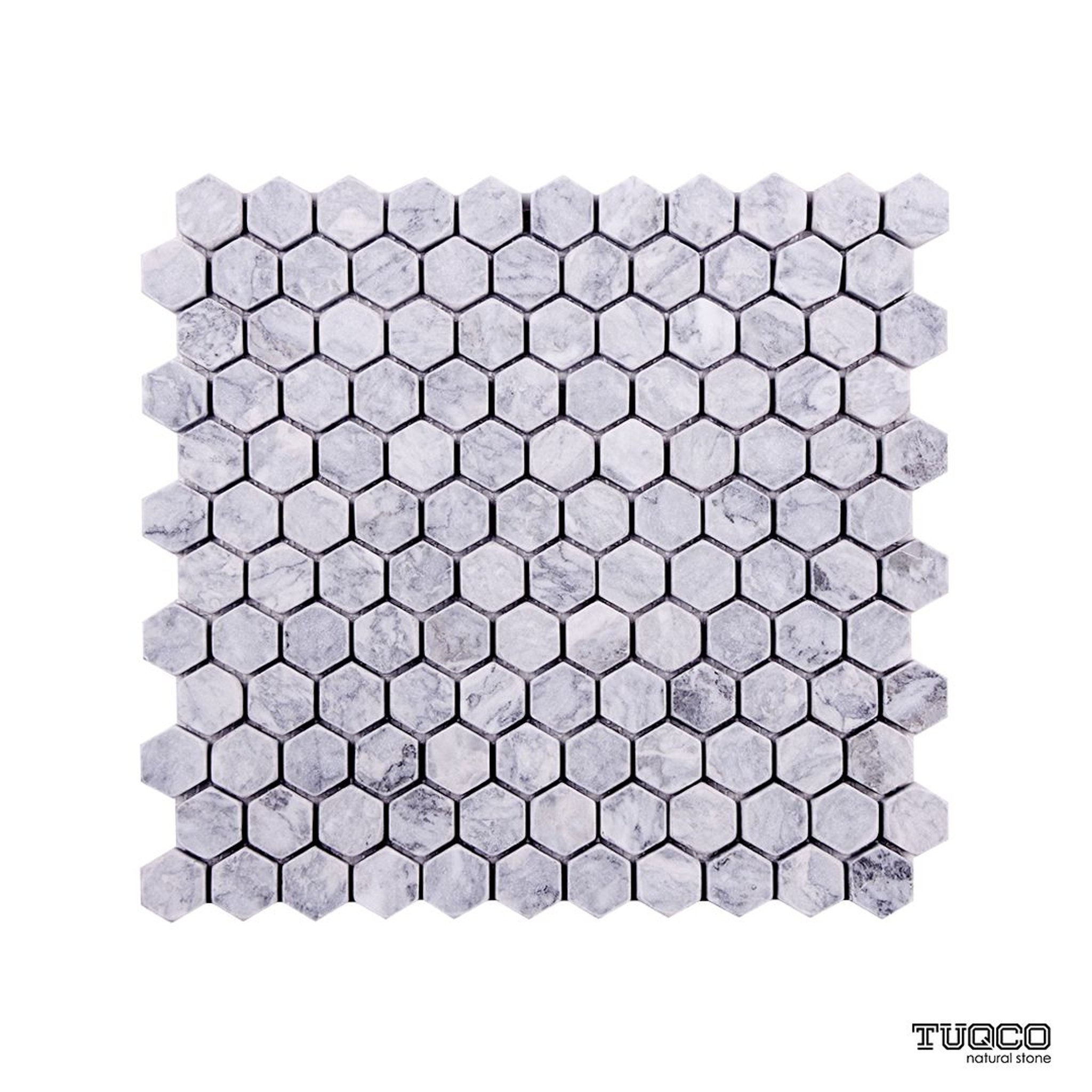 Tumbled Platinum Grey marble one-inch hexagon mosaic tile in silver-grey with dark veining