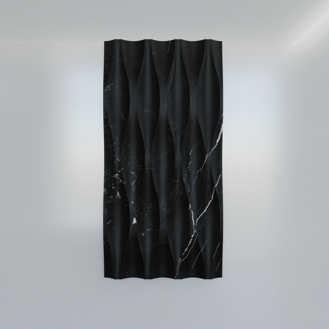 Nero Marquina wave marble tile with sculptural 3D relief and white veining