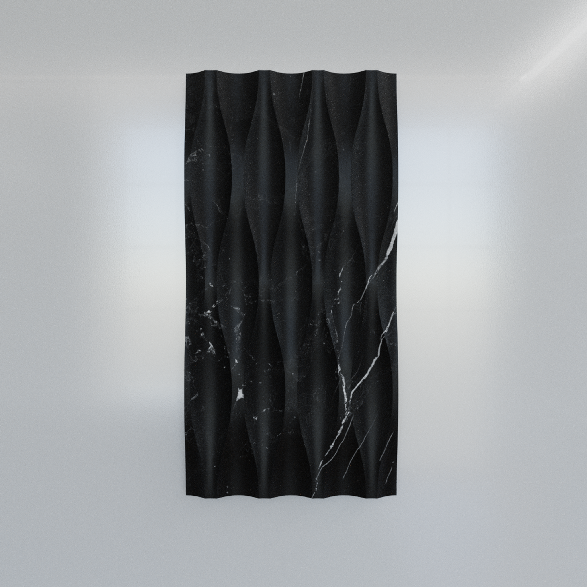 Nero Marquina wave marble tile with sculptural 3D relief and white veining