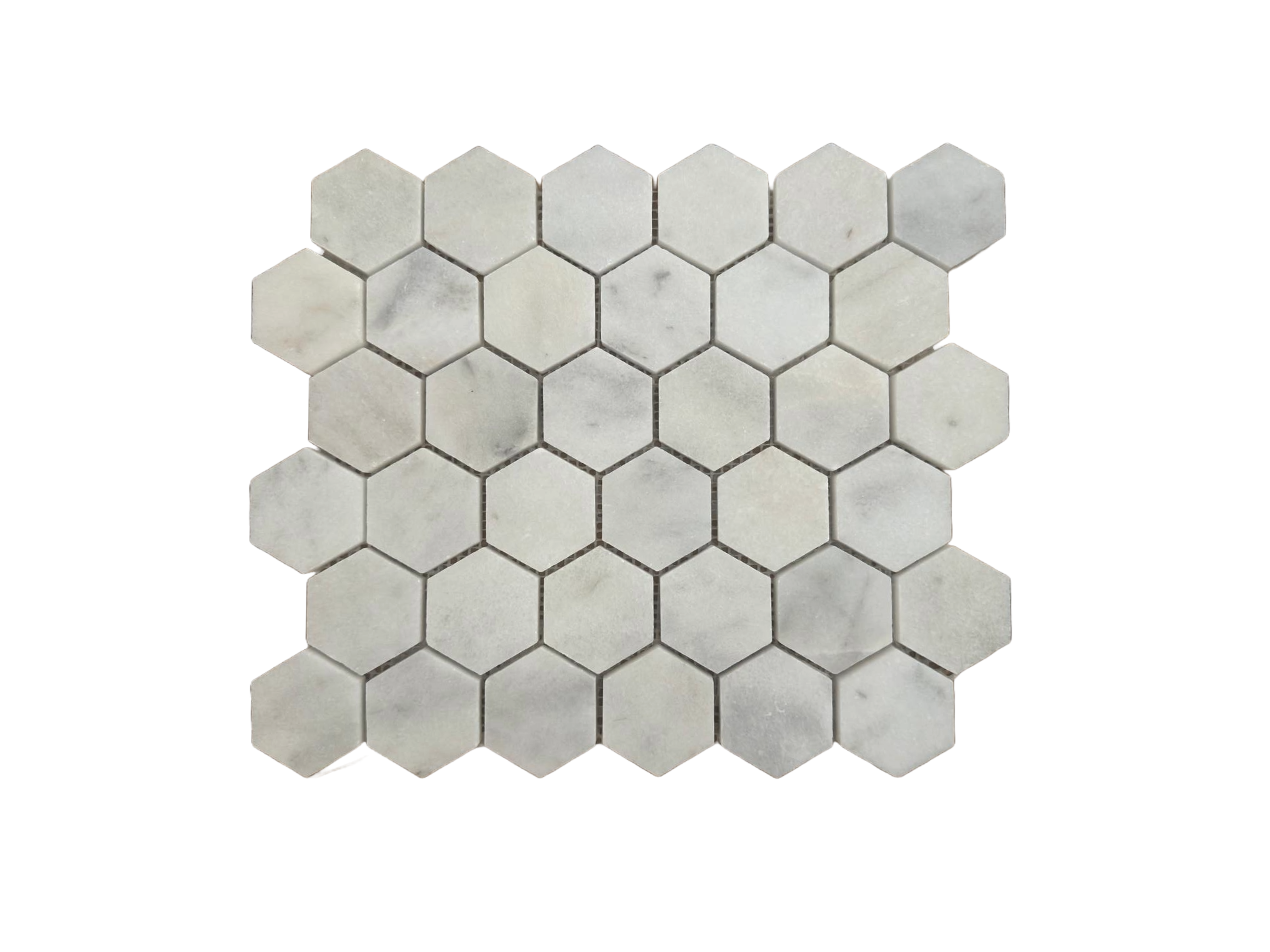 Honed Carrara White marble two-inch hexagon mosaic tile with soft grey veining