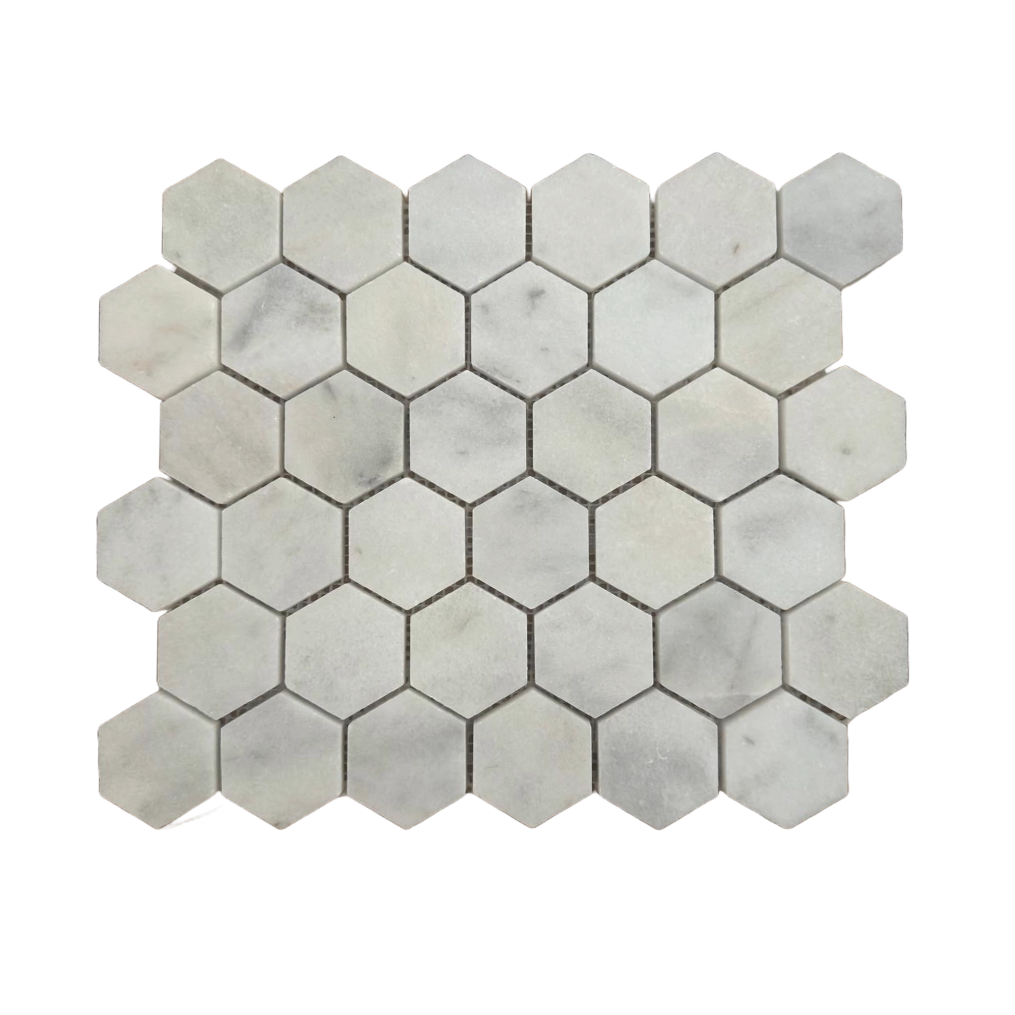 Honed Carrara White marble two-inch hexagon mosaic tile with soft grey veining