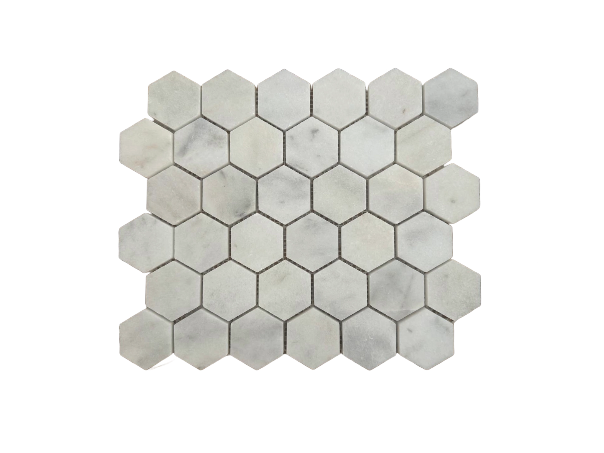 Honed Carrara White marble two-inch hexagon mosaic tile with soft grey veining