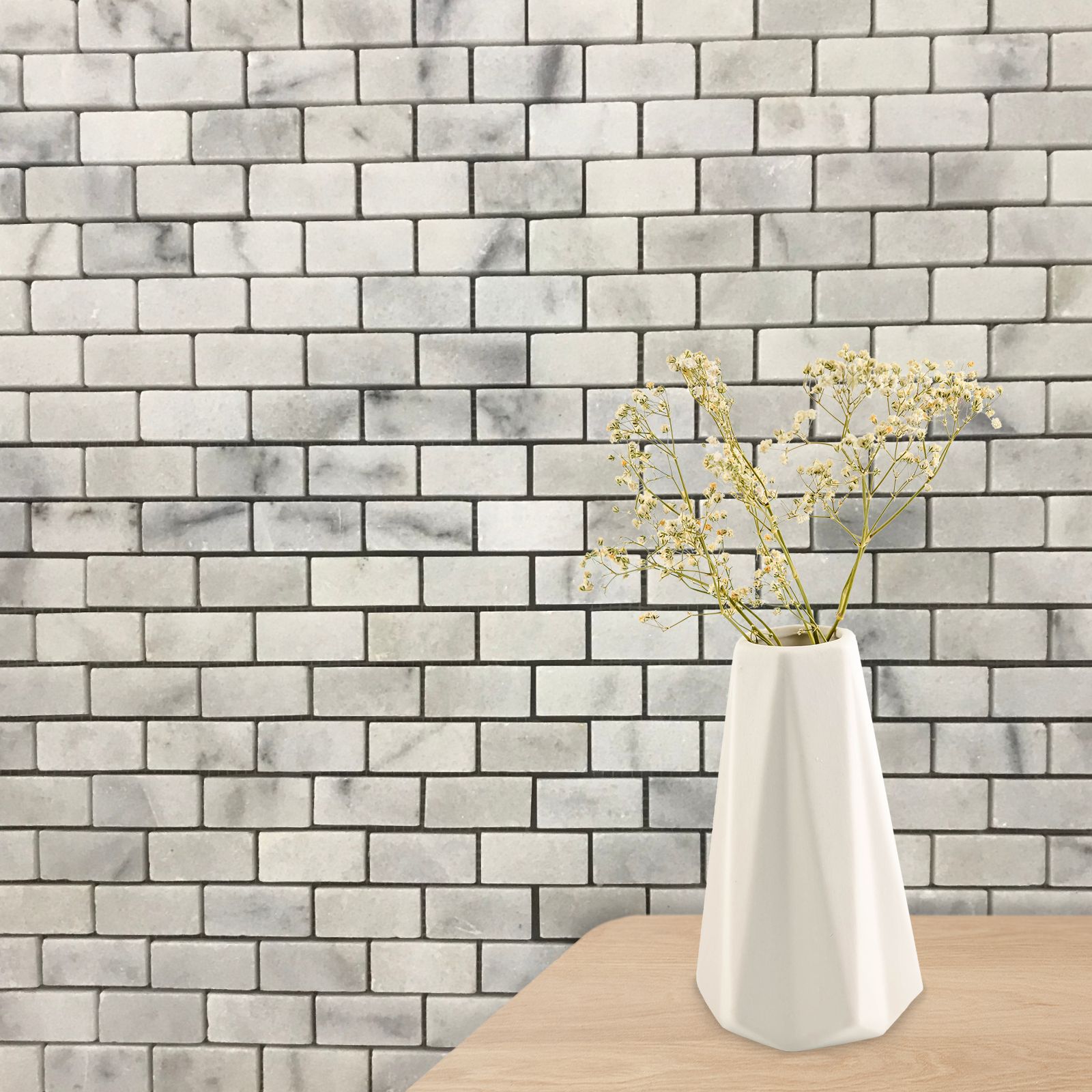 Polished Carrara White marble brick mosaic tile with cloudy grey veining thumbnail 2