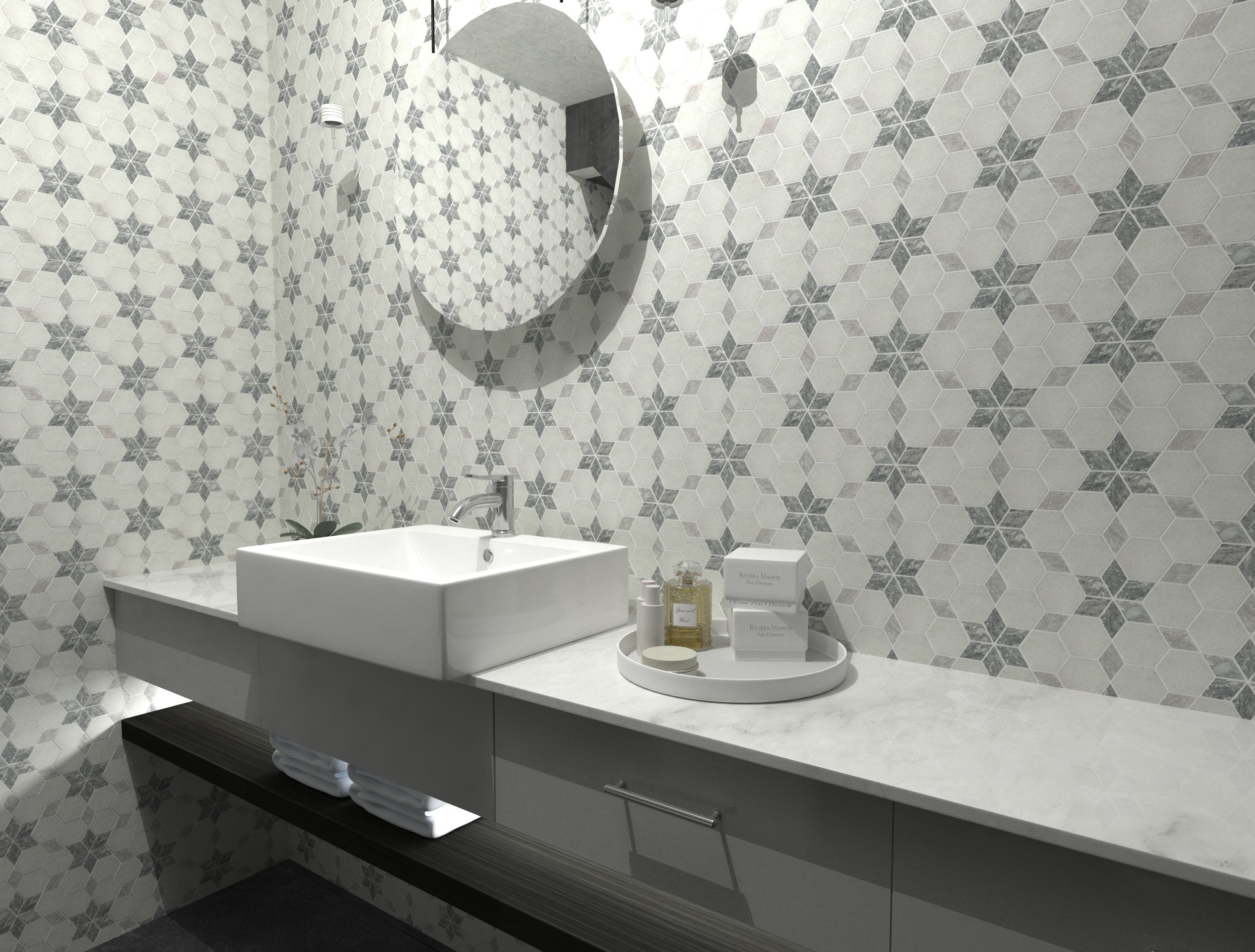 Honed Carrara white and platinum grey marble starline mosaic tile with grey six-point stars thumbnail 2