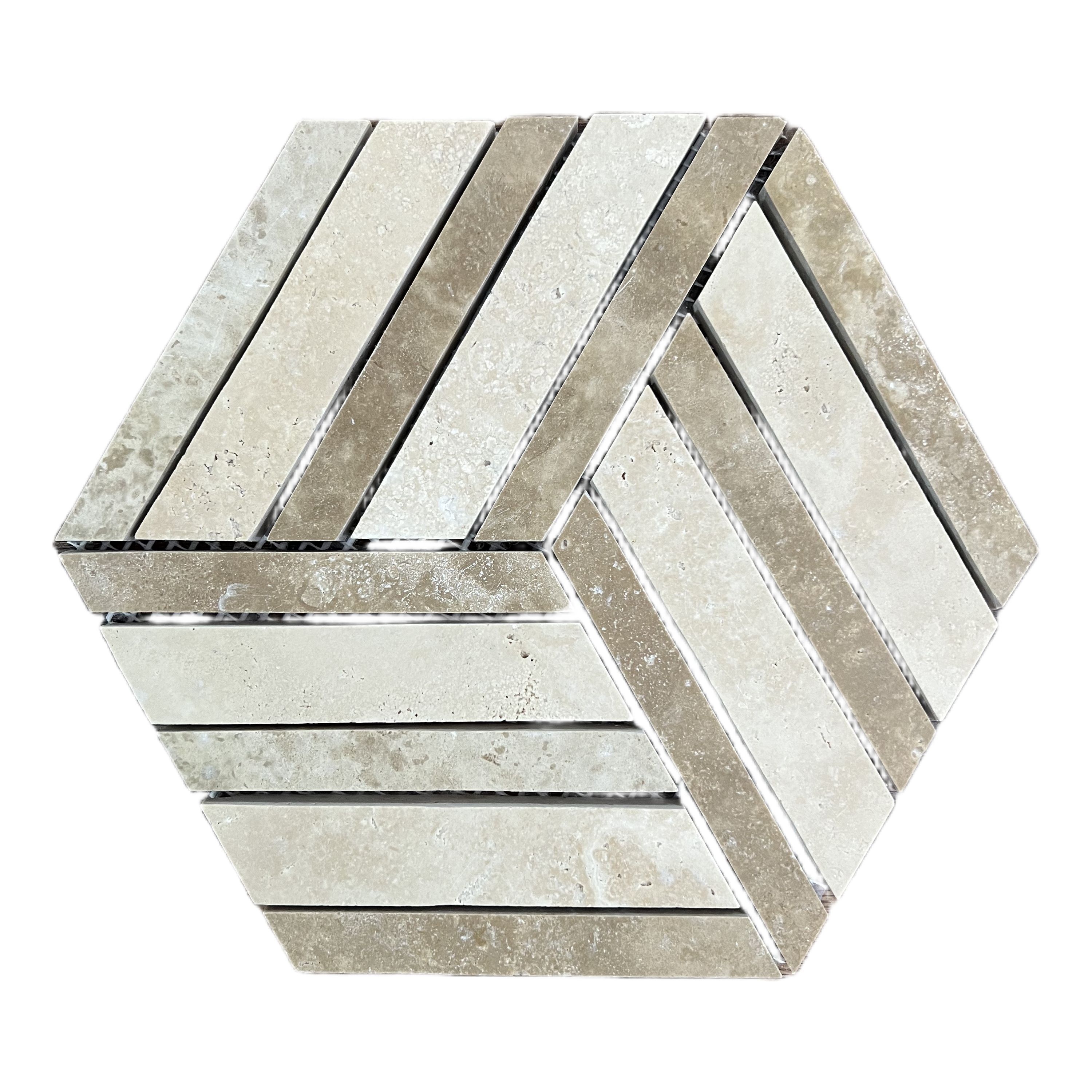 Honed Classic and Noche travertine split hexagon mosaic tile with cubic illusion thumbnail 2