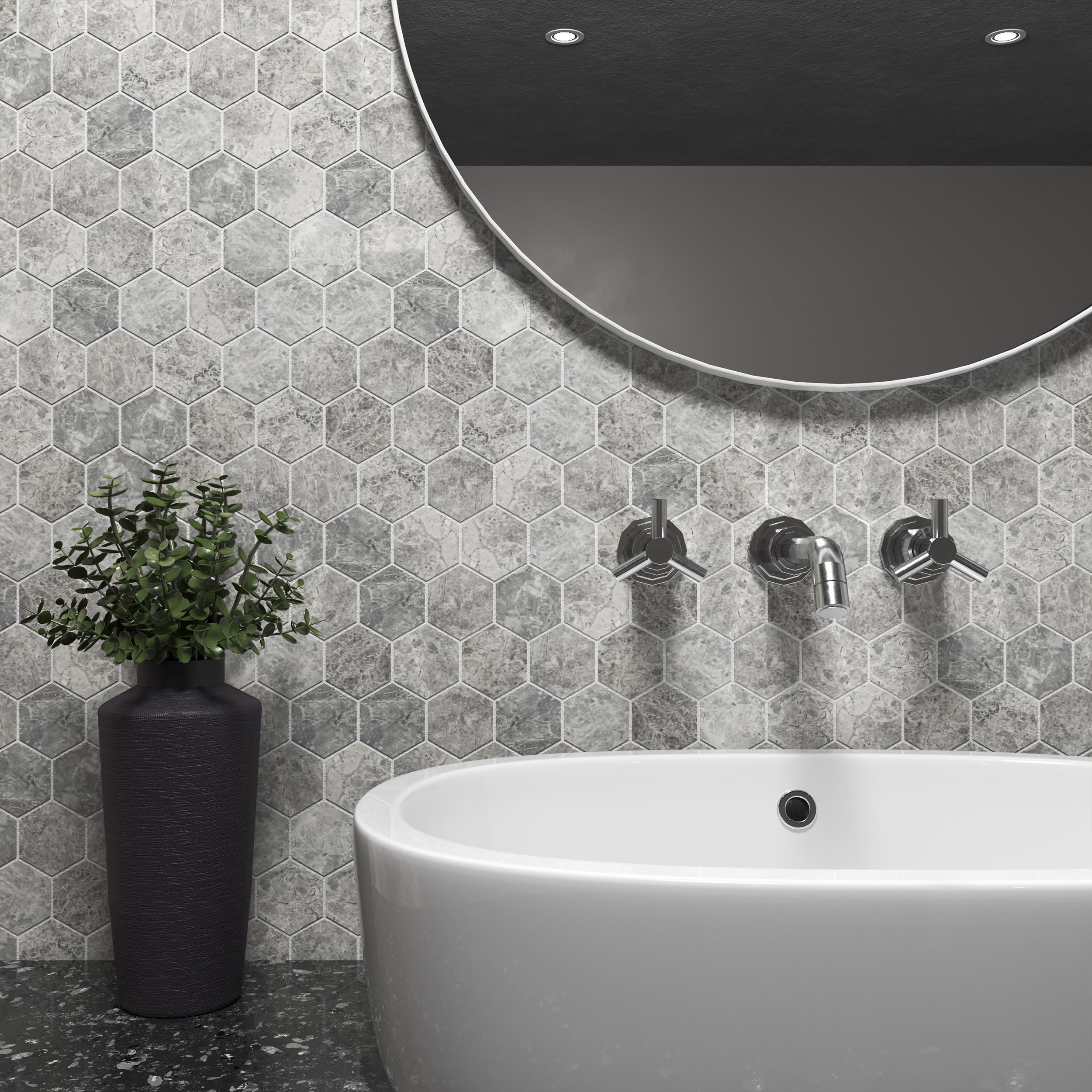 Tundra Grey 2 Inch Hexagon Polished Marble Mosaic Tile thumbnail 2
