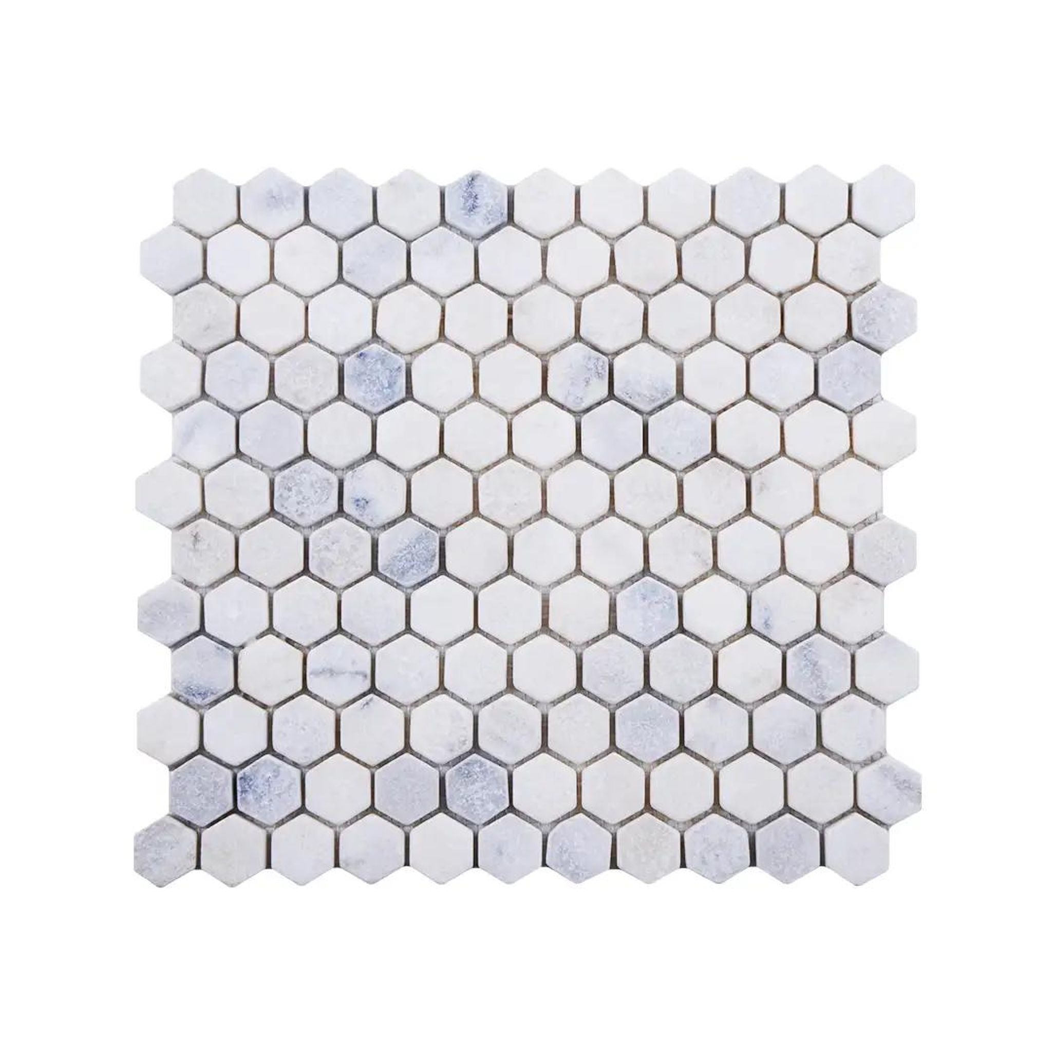 Tumbled Carrara White marble one-inch hexagon mosaic tile with cloudy grey veining