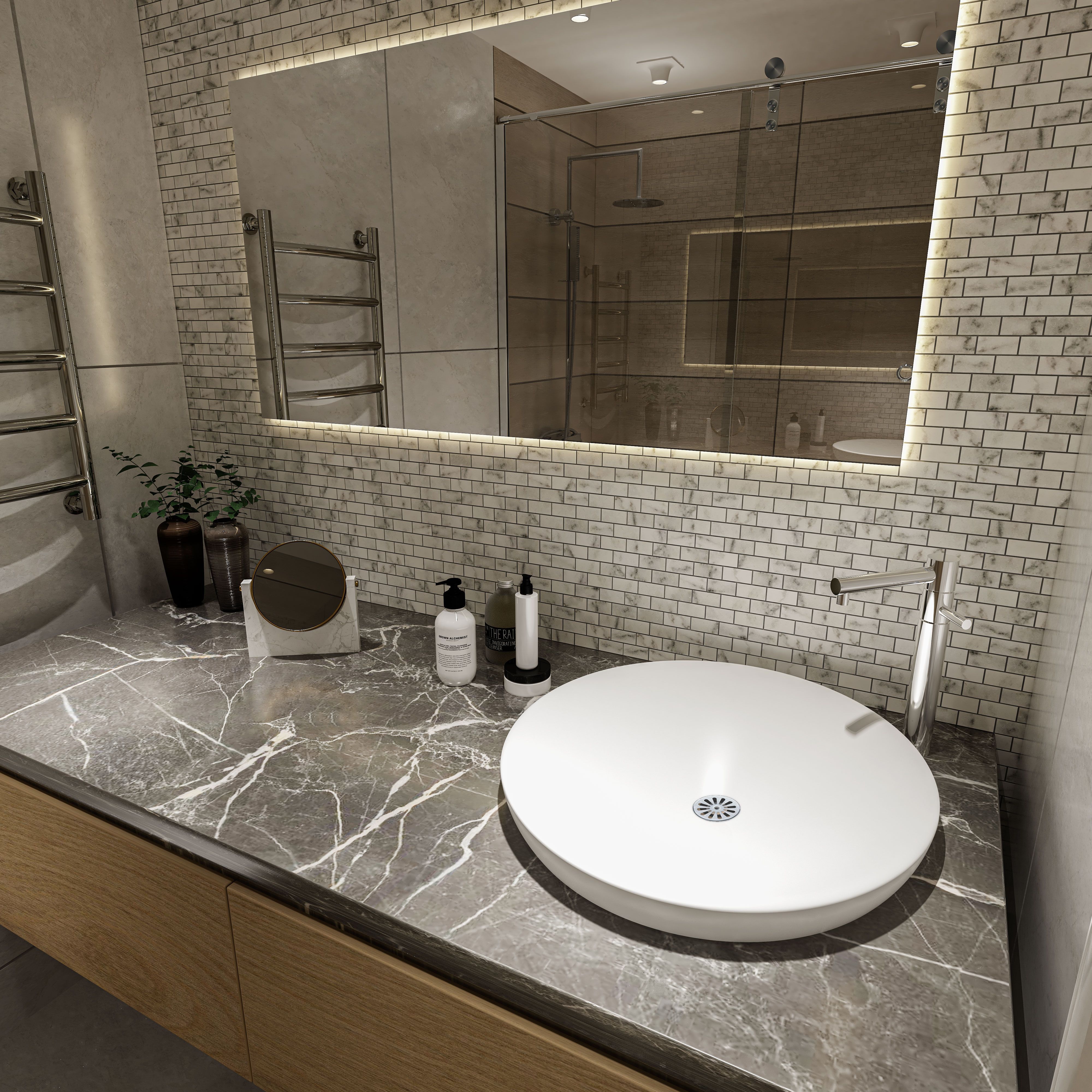 Polished Carrara White marble brick mosaic tile with cloudy grey veining thumbnail 3