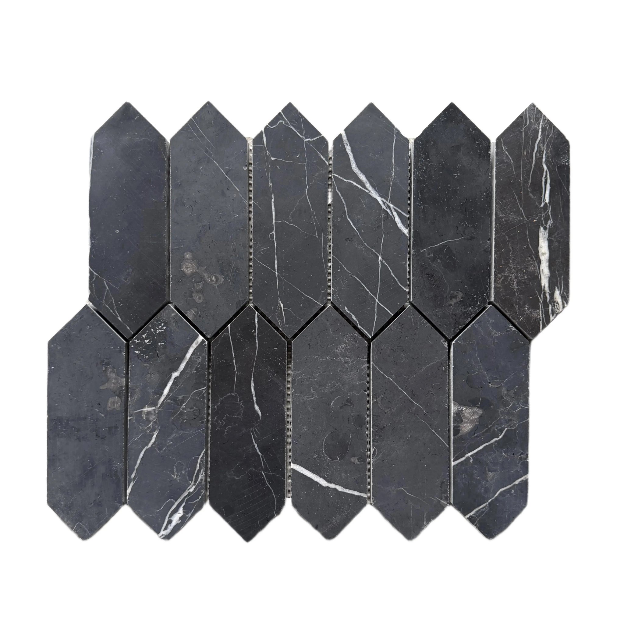 Honed Nero Marquina marble picket mosaic tile, black with white calcite veining