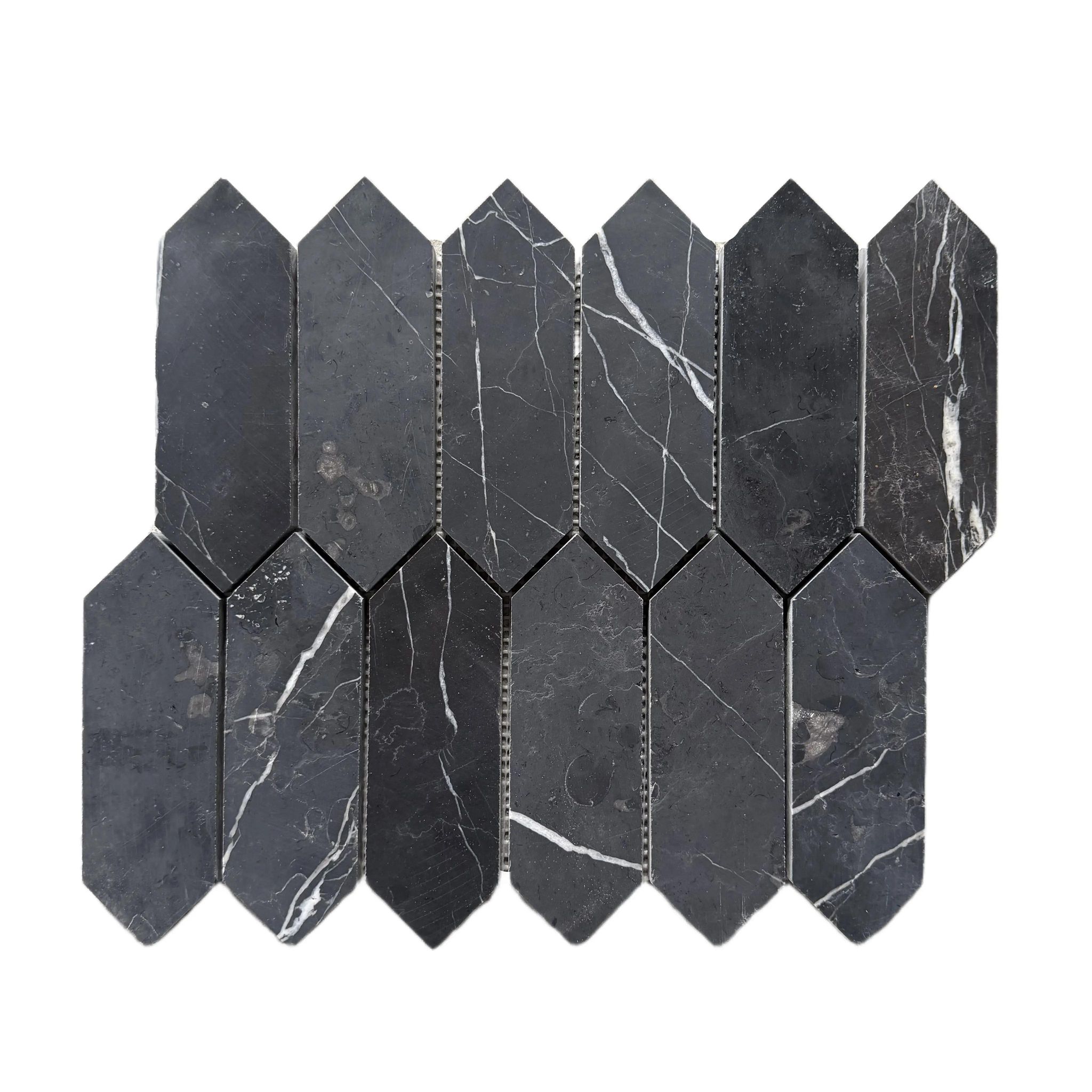 Honed Nero Marquina marble picket mosaic tile, black with white calcite veining