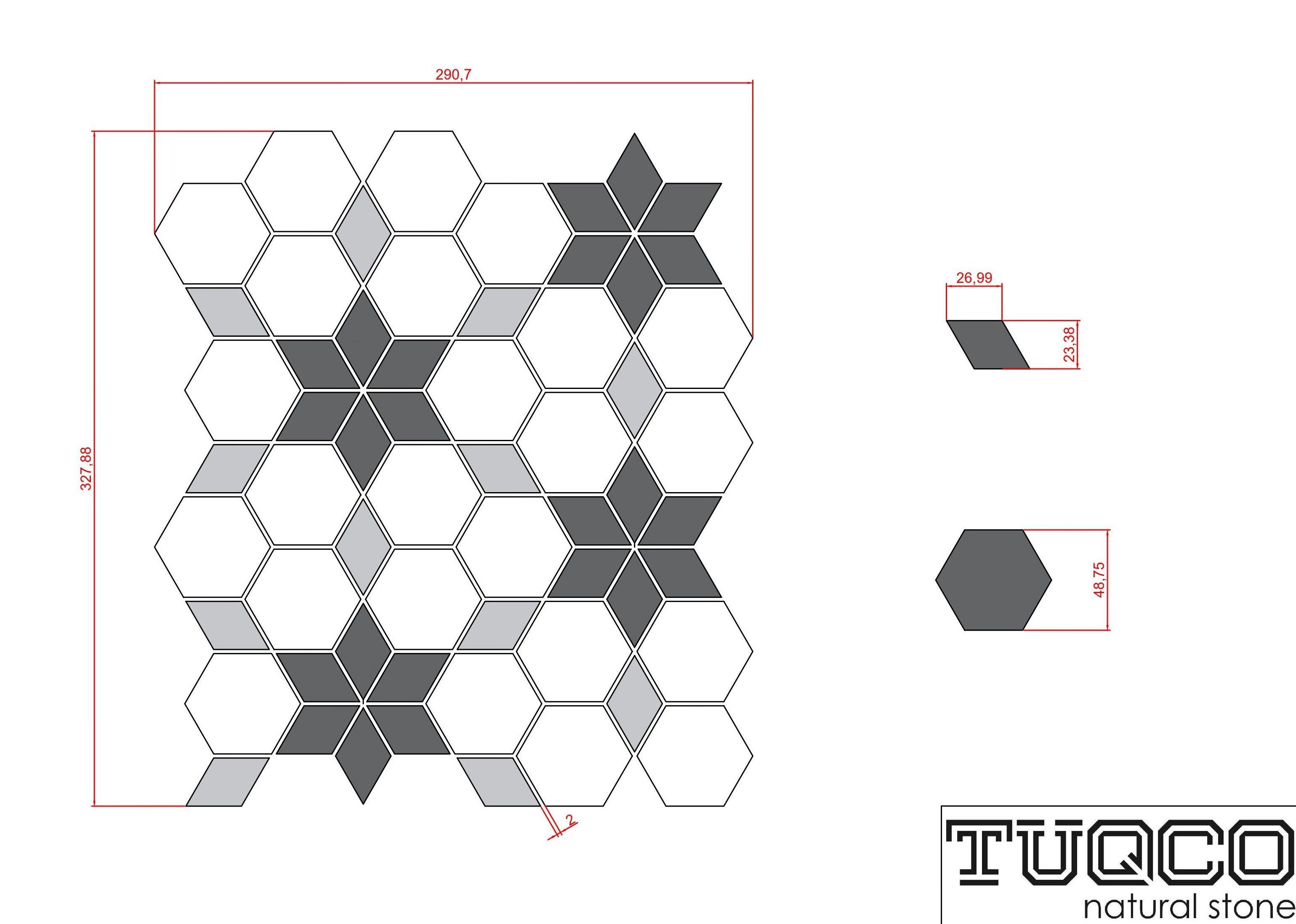 Honed Carrara white and platinum grey marble starline mosaic tile with grey six-point stars thumbnail 5