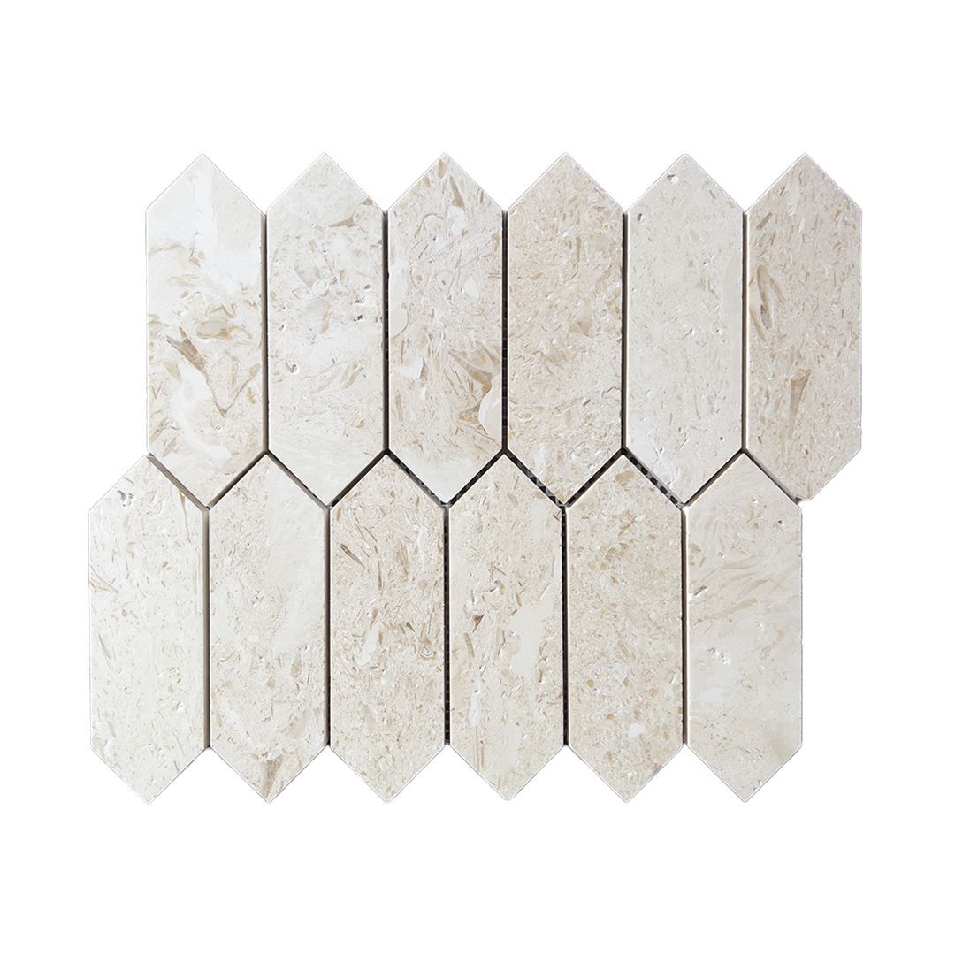 Brushed Shellstone limestone picket mosaic tile in biscuit, cream and taupe with fossils thumbnail 3