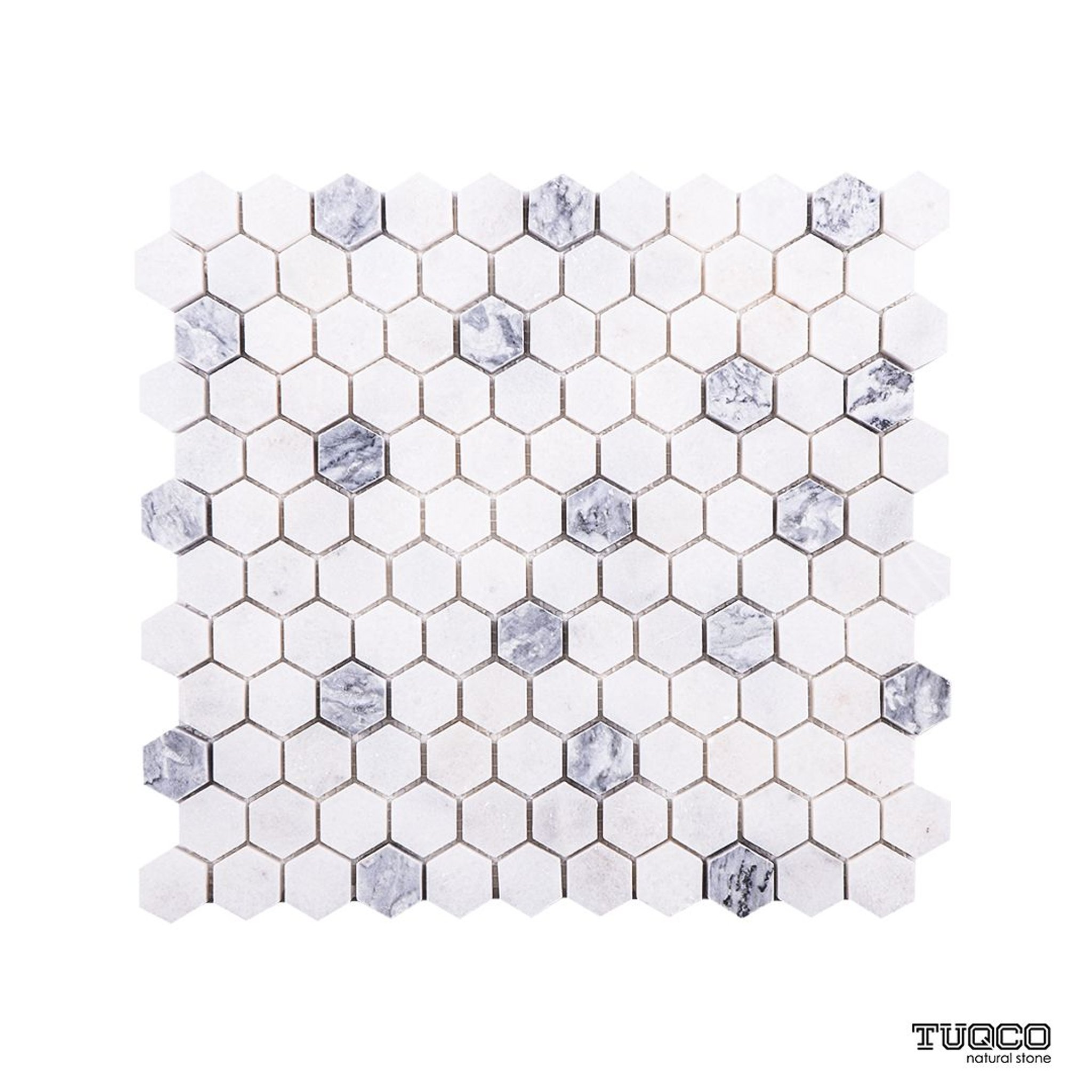 Honed Carrara white and platinum grey marble hexagon mosaic tile with silver-grey accents