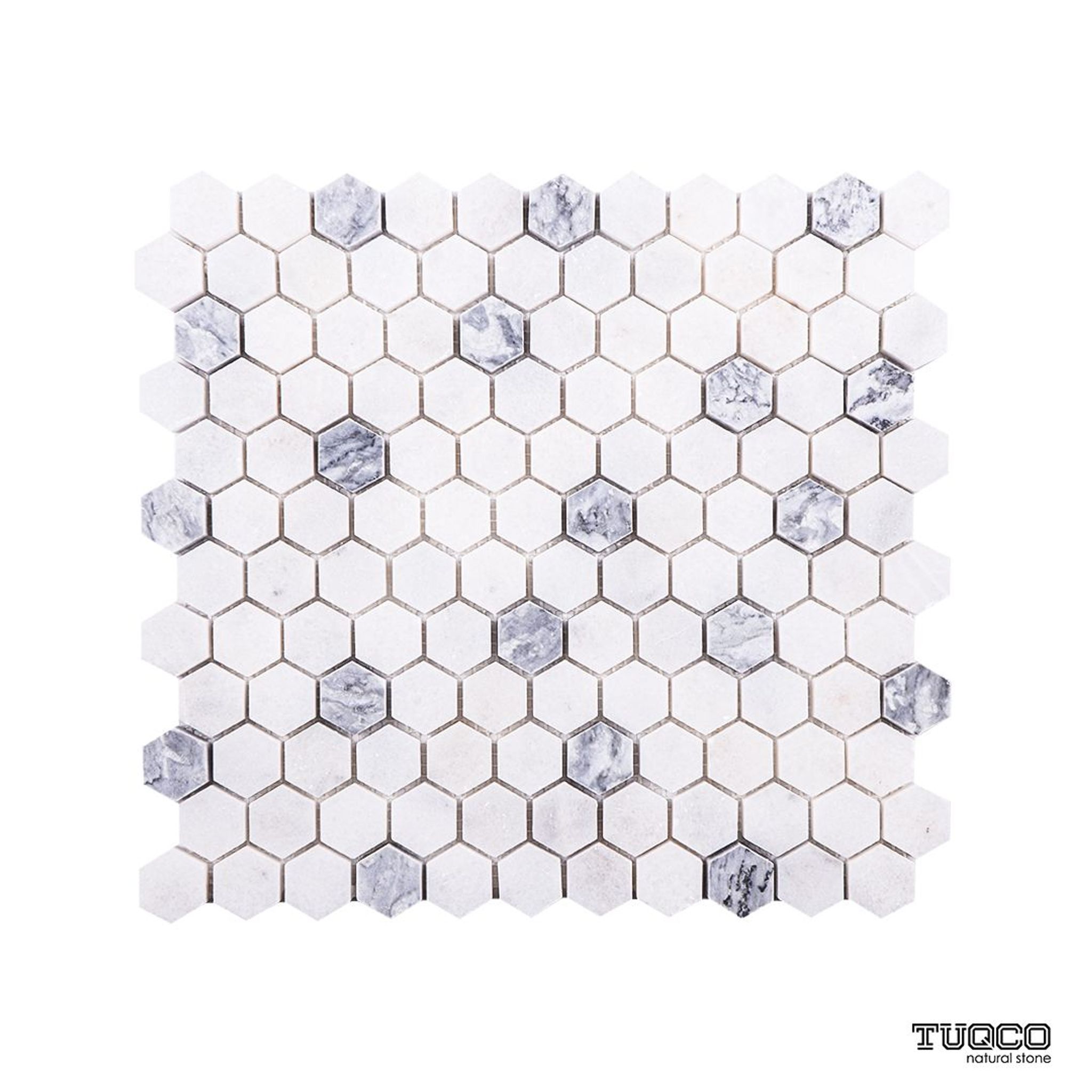 Honed Carrara white and platinum grey marble hexagon mosaic tile with silver-grey accents