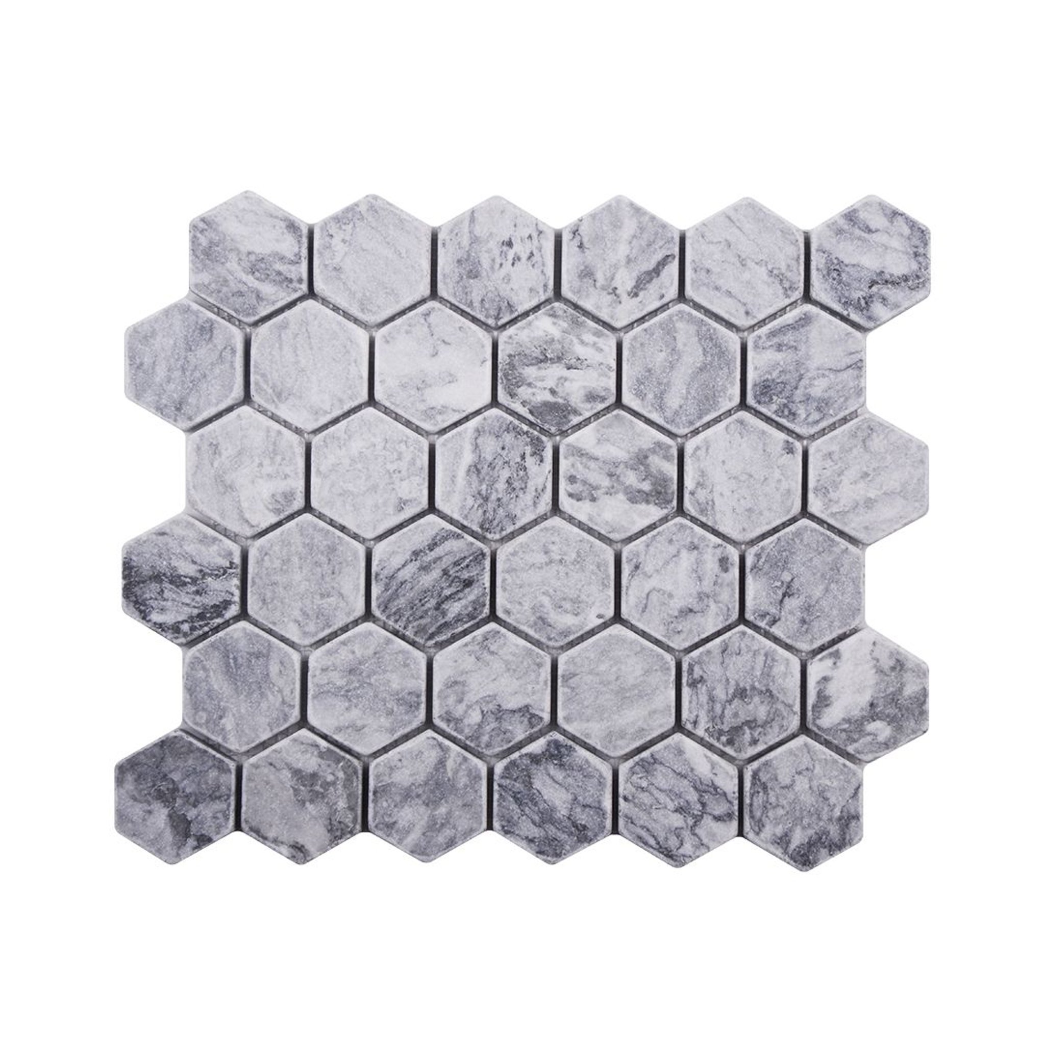 Tumbled Platinum Grey marble two-inch hexagon mosaic tile in silver-grey with charcoal veining