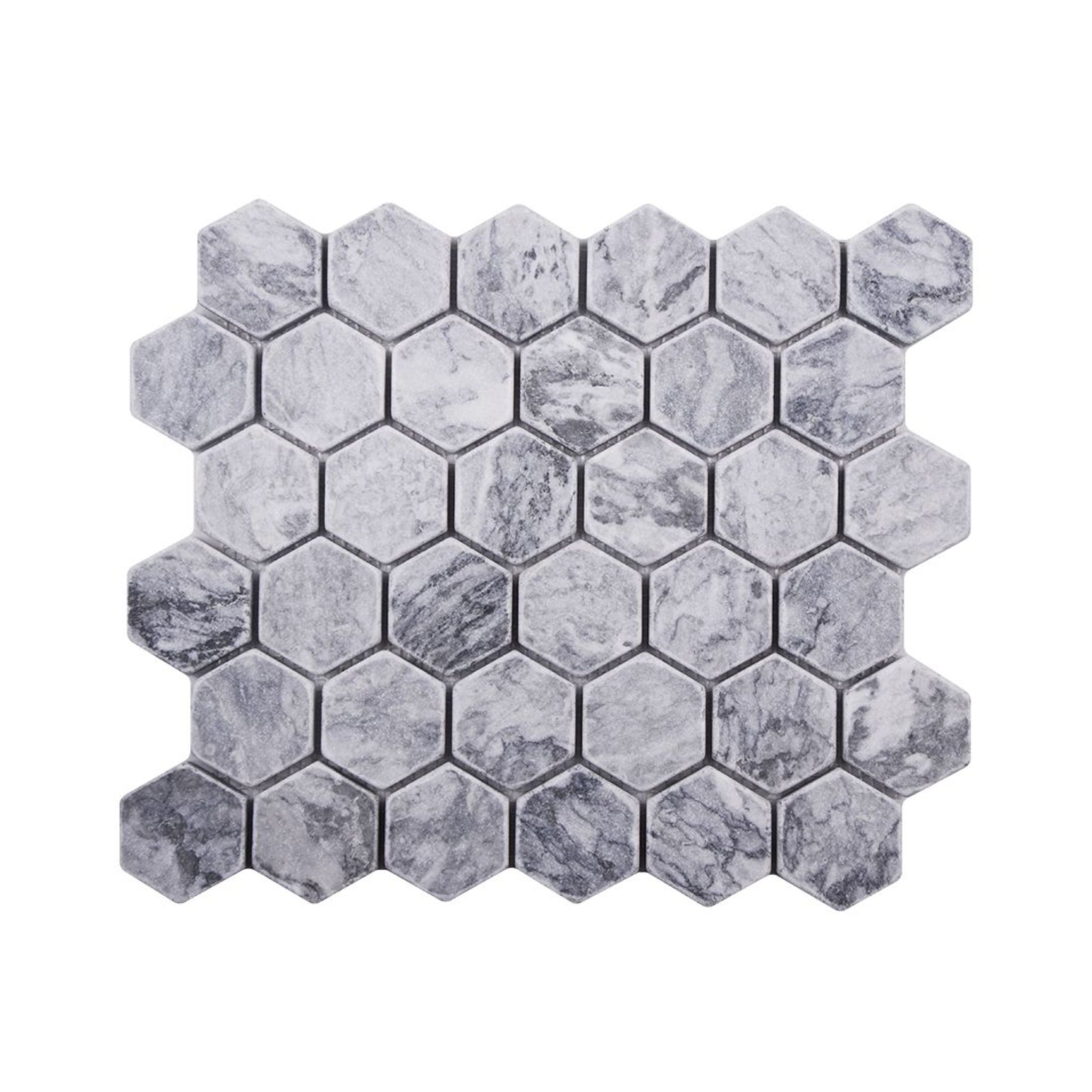 Tumbled Platinum Grey marble two-inch hexagon mosaic tile in silver-grey with charcoal veining
