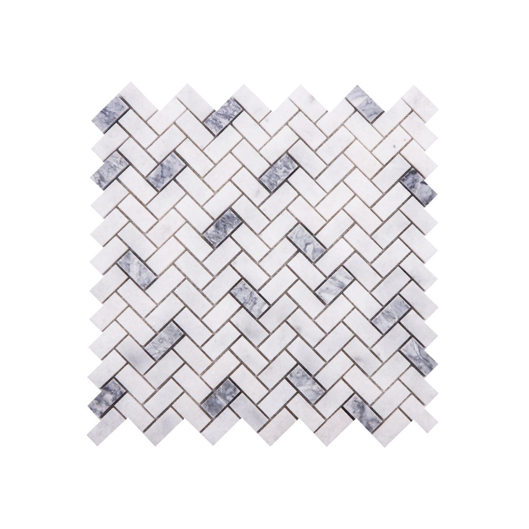 Honed Carrara white and platinum grey marble herringbone mosaic tile, white and silver-grey