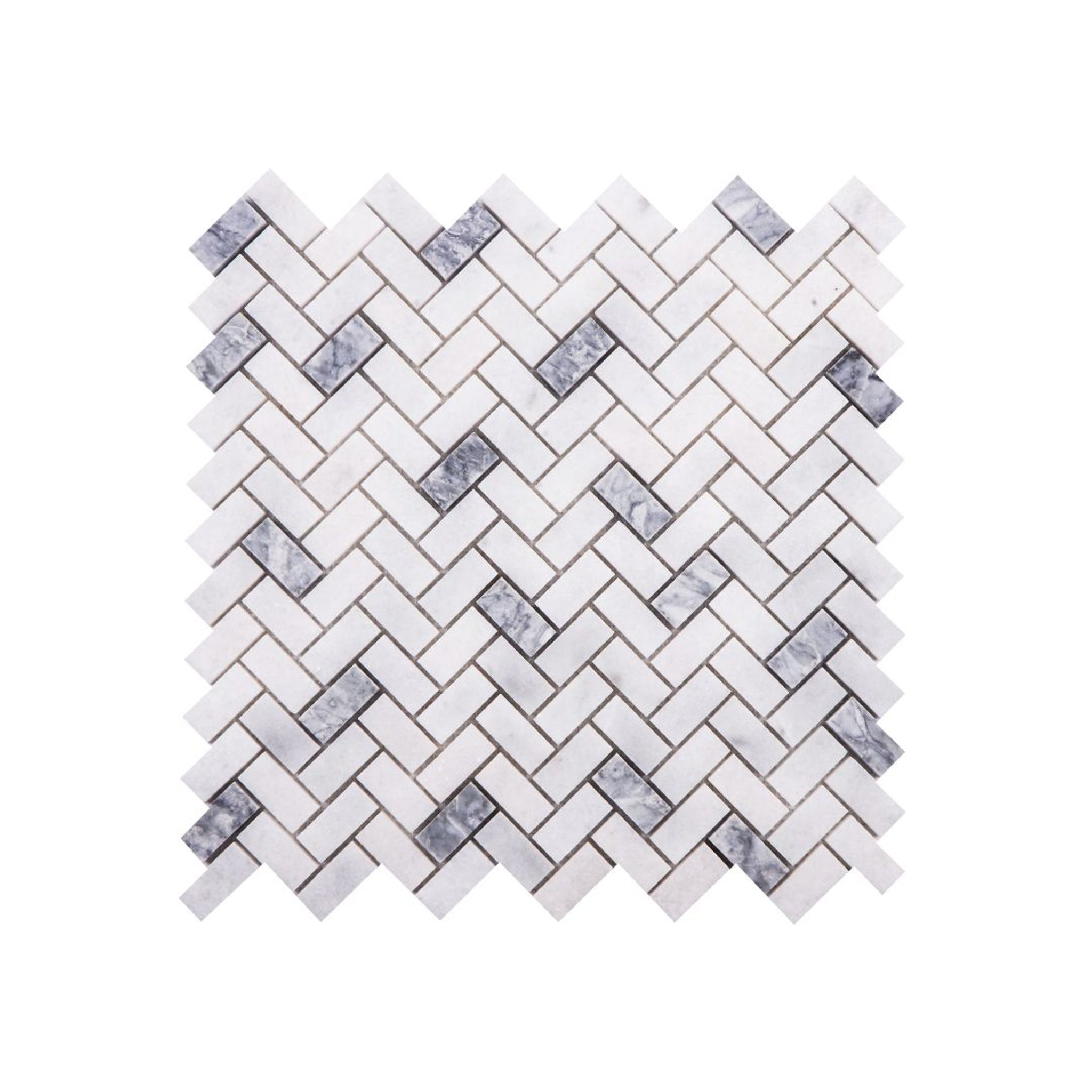 Honed Carrara white and platinum grey marble herringbone mosaic tile, white and silver-grey