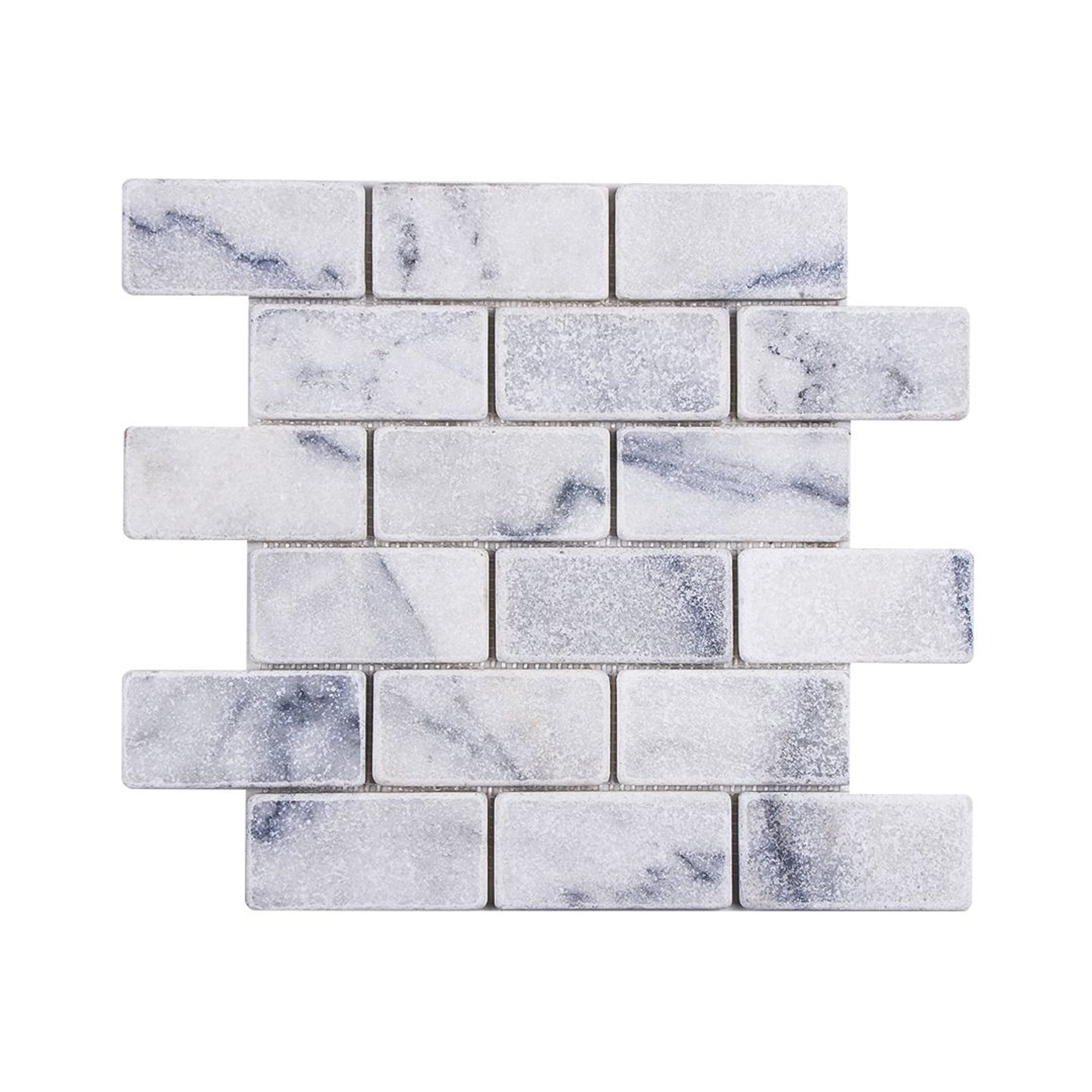 Tumbled Carrara White marble brick mosaic tile in ivory and dove-grey with charcoal veining