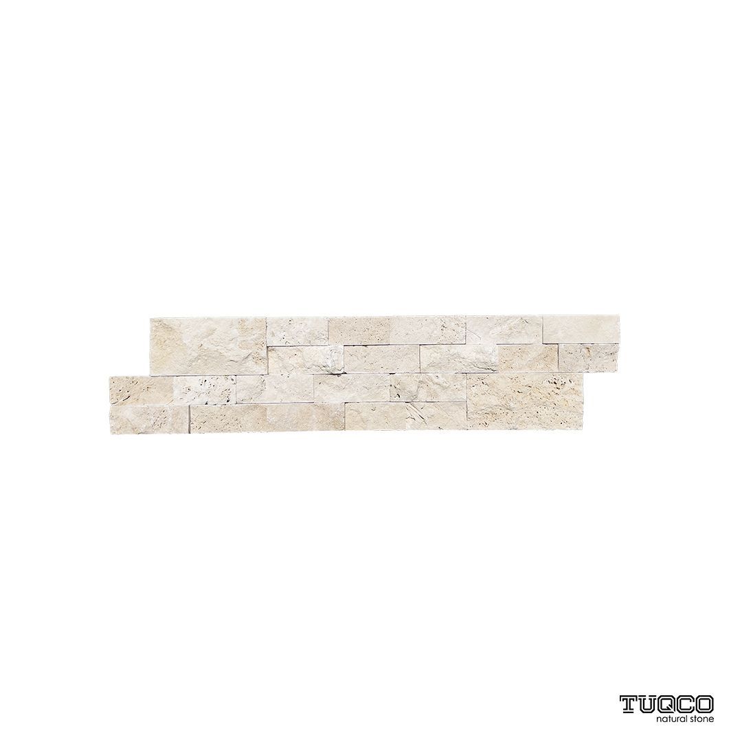 Light travertine split-face ledger panel in soft ivory, cream and biscuit