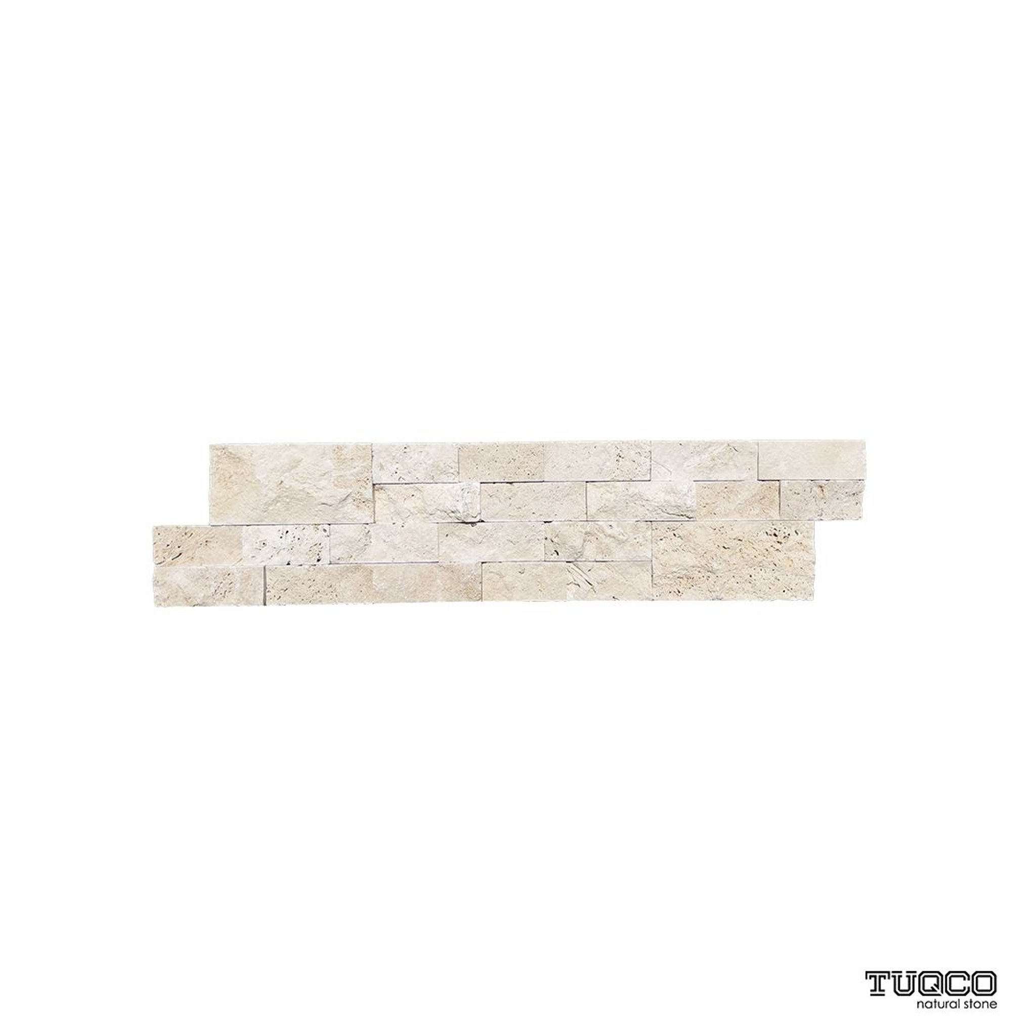 Light travertine split-face ledger panel in soft ivory, cream and biscuit