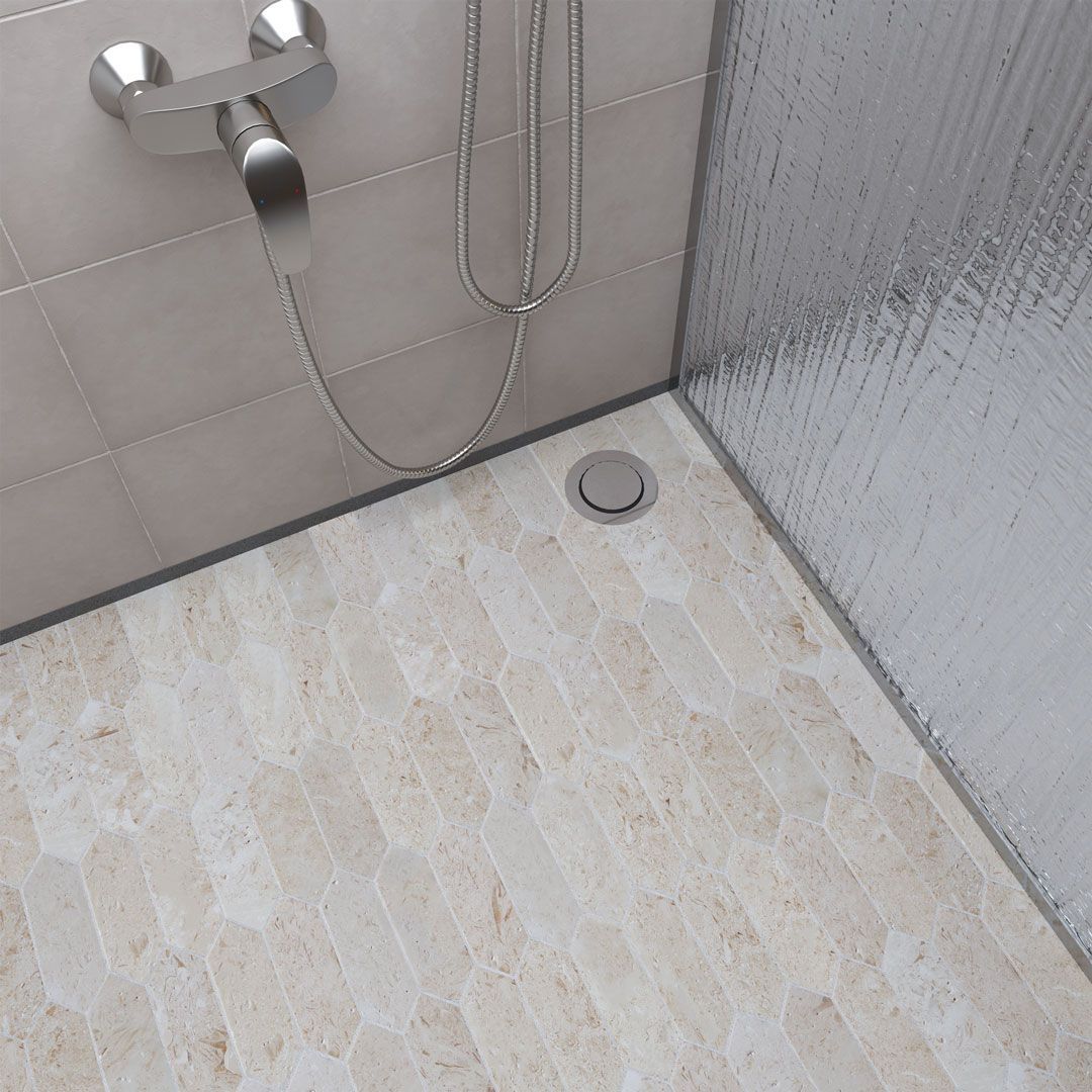 Brushed Shellstone limestone picket mosaic tile in biscuit, cream and taupe with fossils
