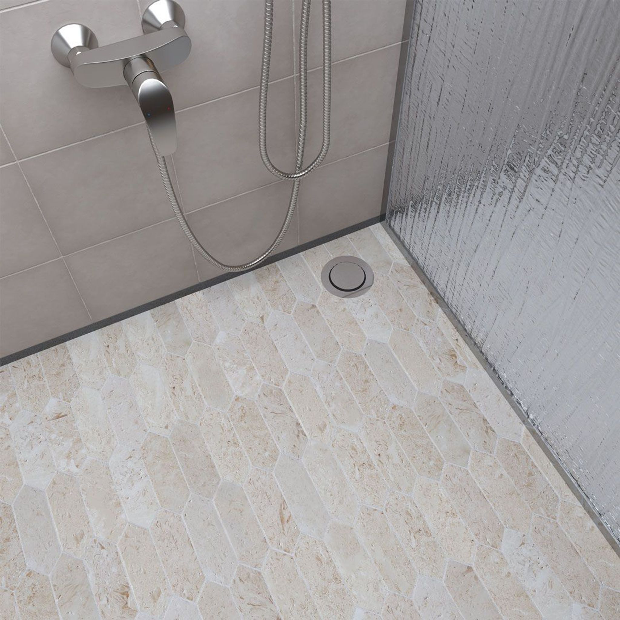 Brushed Shellstone limestone picket mosaic tile in biscuit, cream and taupe with fossils