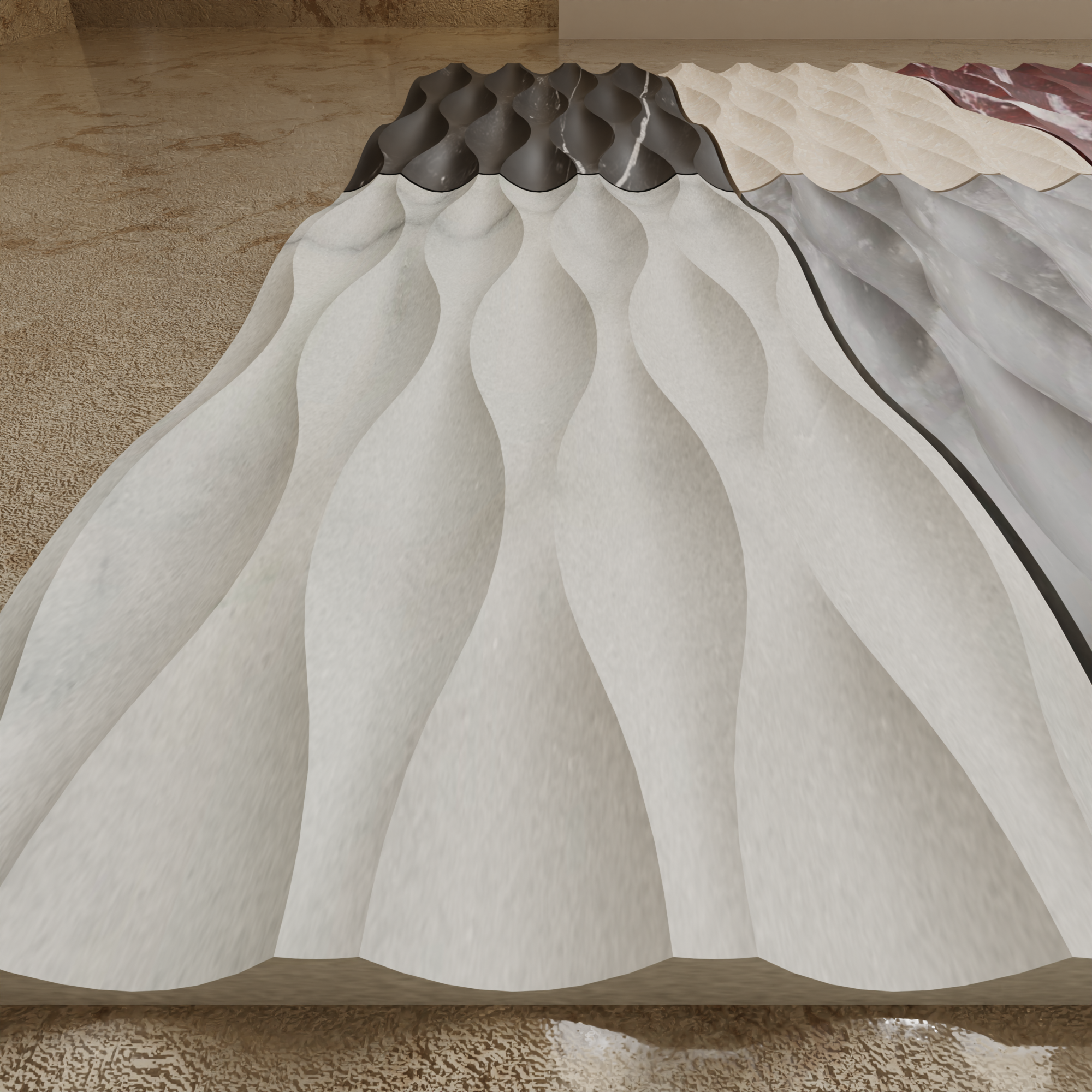 Beige wave-textured marble tile with sculptural three-dimensional relief thumbnail 2