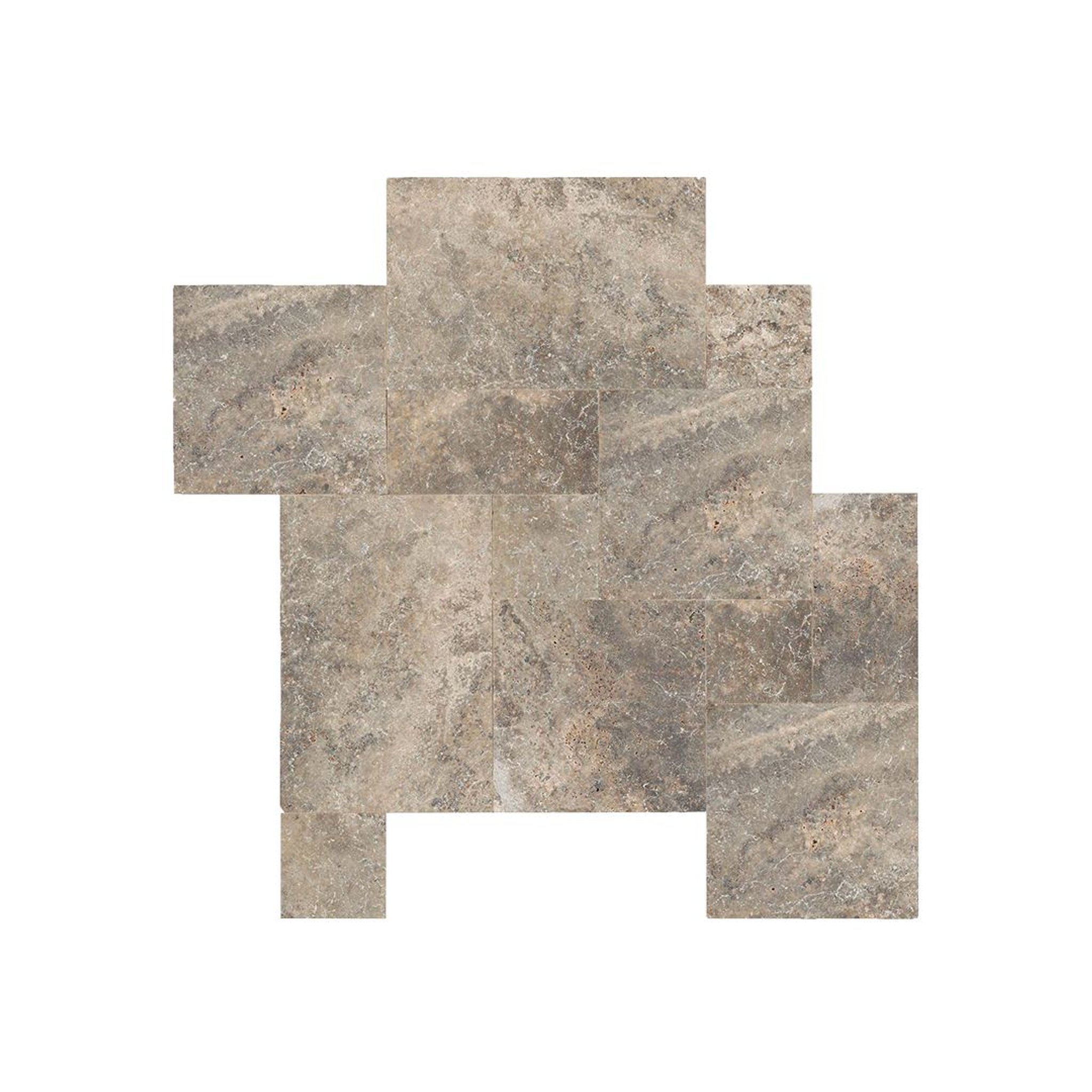 Tumbled Silver travertine paving cobble tiles in silvery grey, taupe and pewter