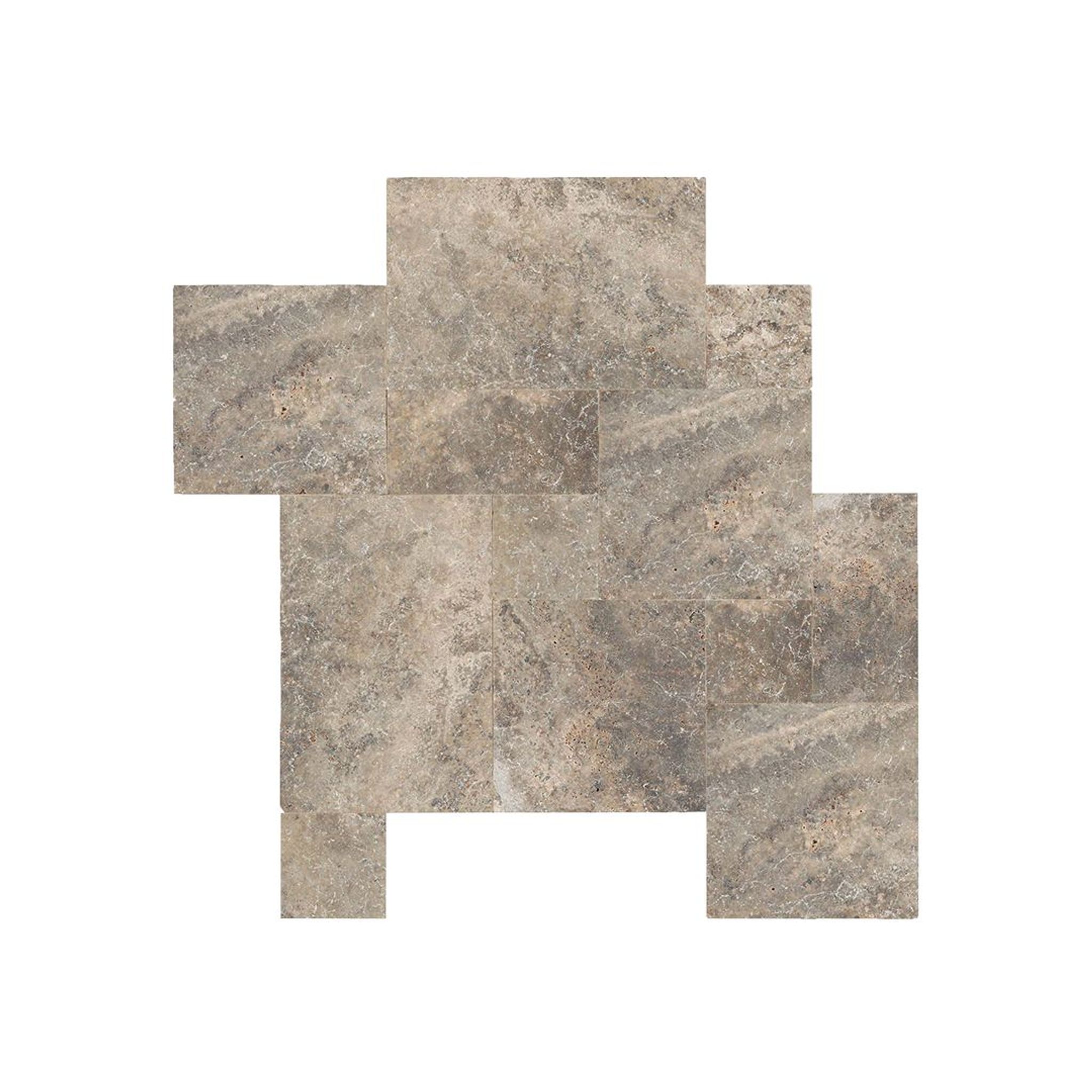 Tumbled Silver travertine paving cobble tiles in silvery grey, taupe and pewter