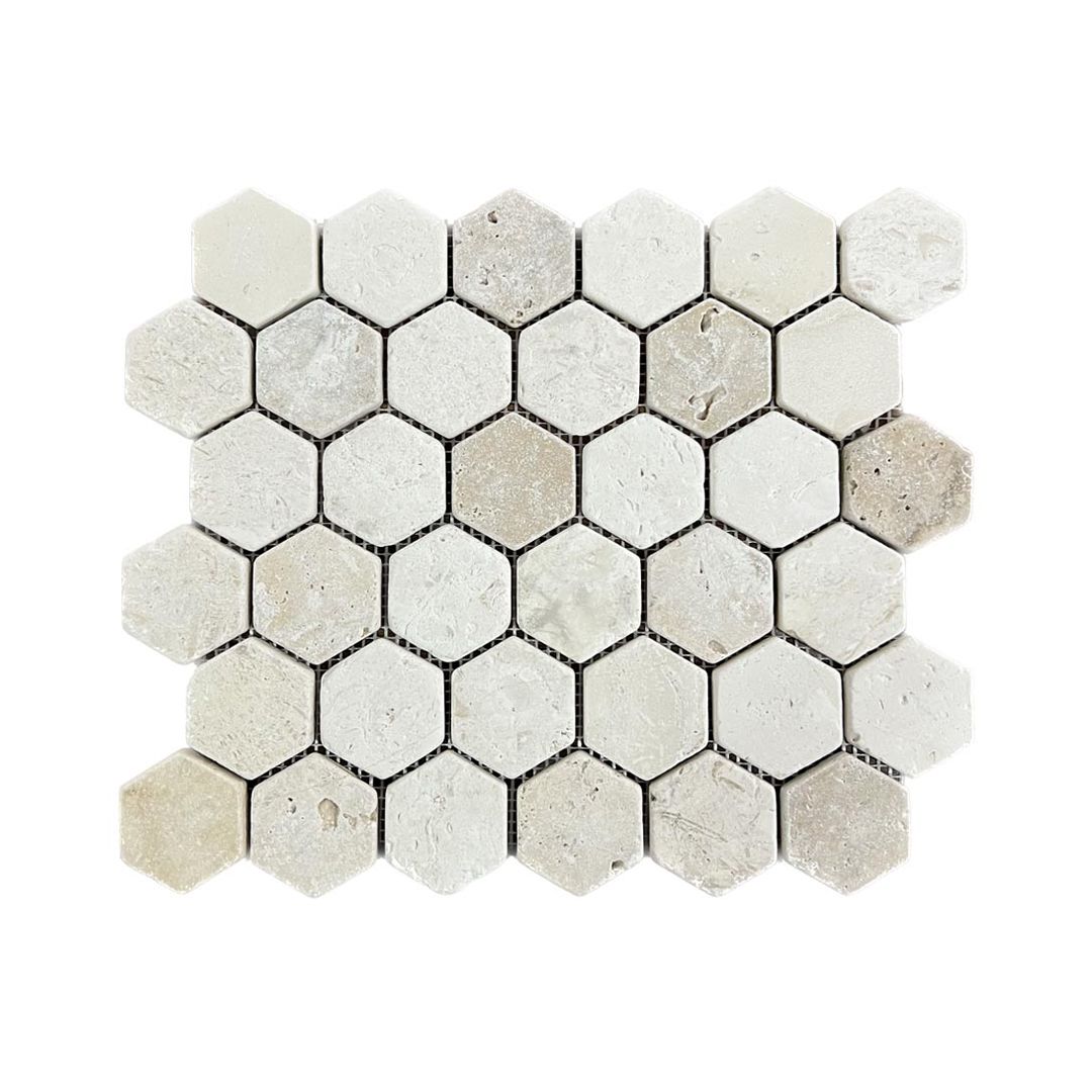 Tumbled Shellstone limestone and rustic travertine hexagon mosaic tile in beige and tan