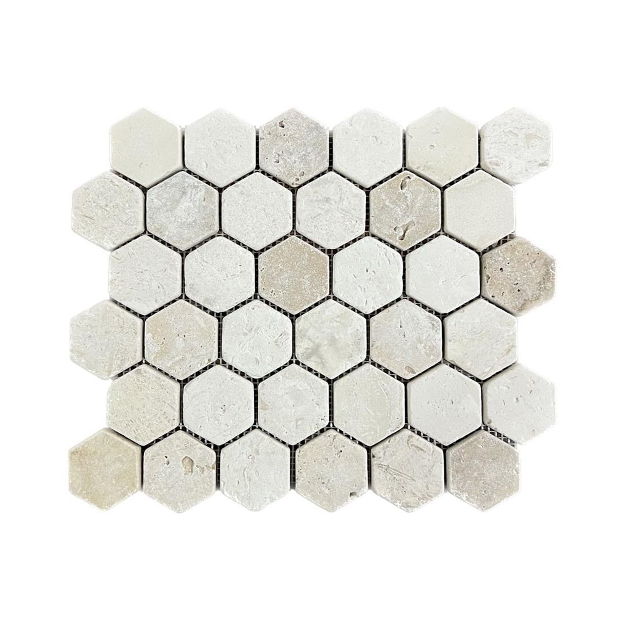 Tumbled Shellstone limestone and rustic travertine hexagon mosaic tile in beige and tan