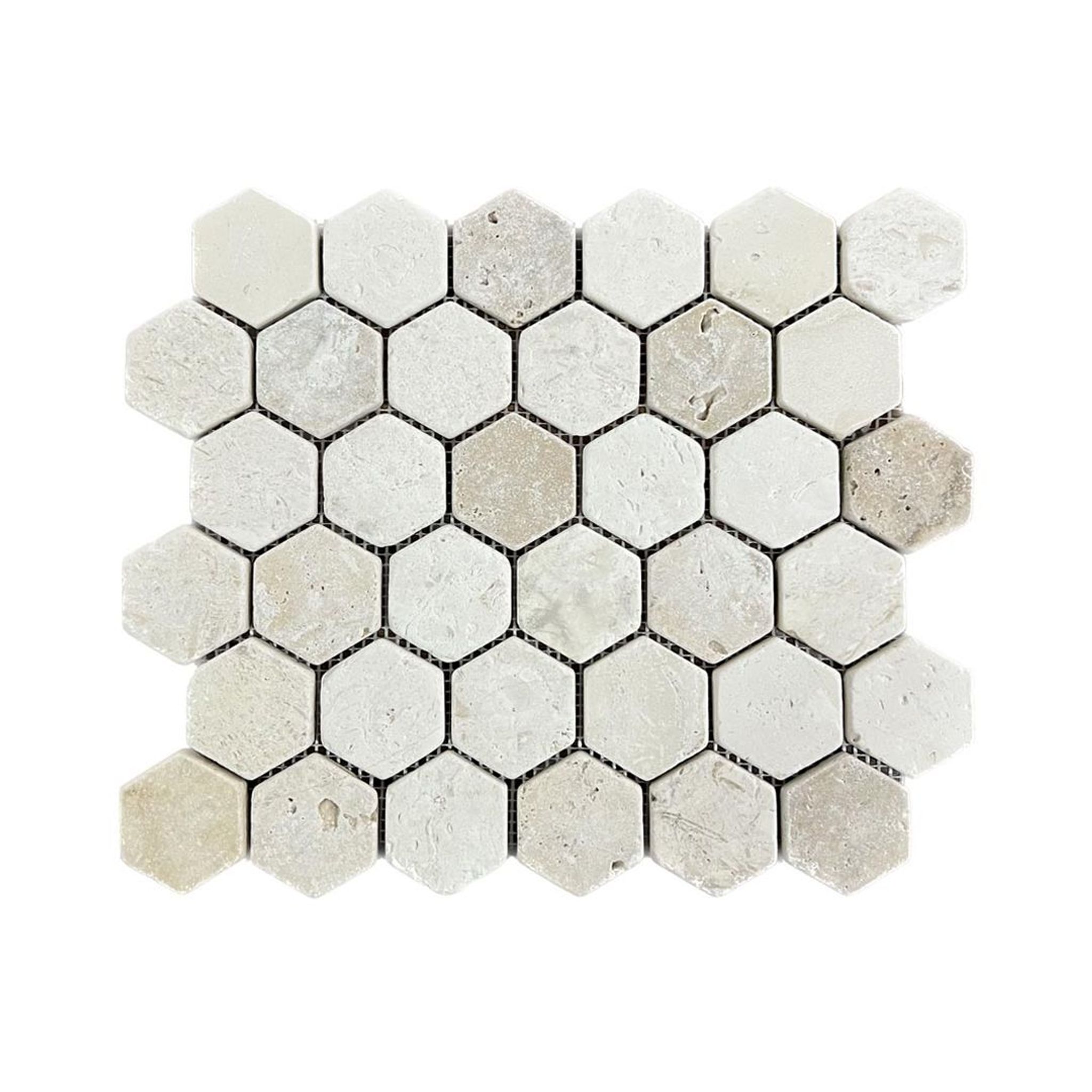 Tumbled Shellstone limestone and rustic travertine hexagon mosaic tile in beige and tan