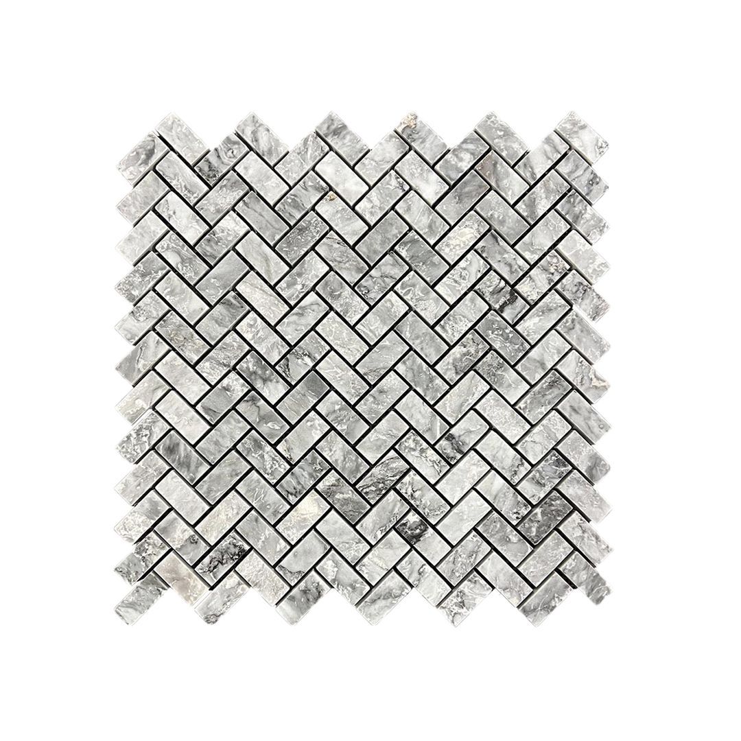 Honed Platinum Grey marble herringbone mosaic tile in grey with charcoal veining