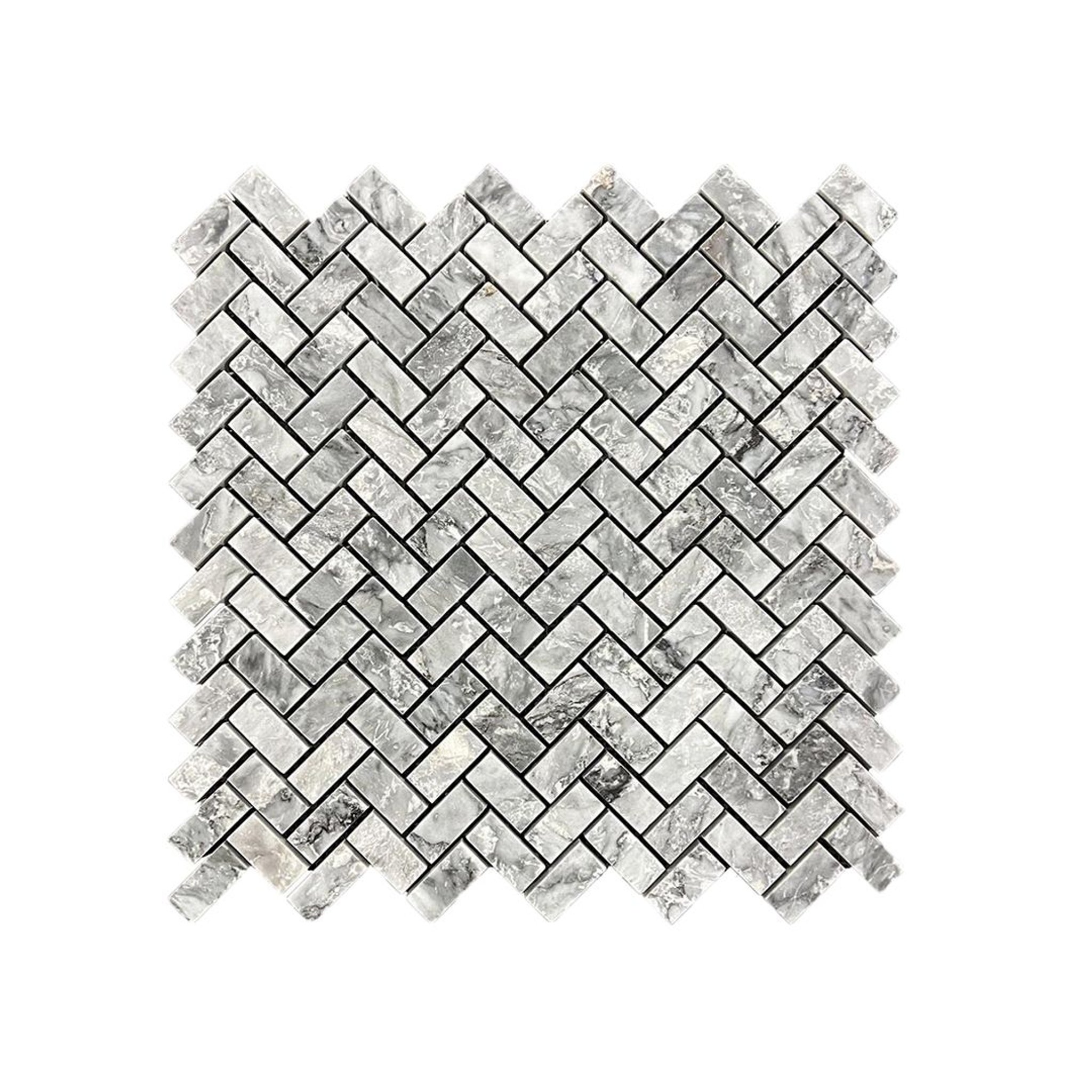 Honed Platinum Grey marble herringbone mosaic tile in grey with charcoal veining