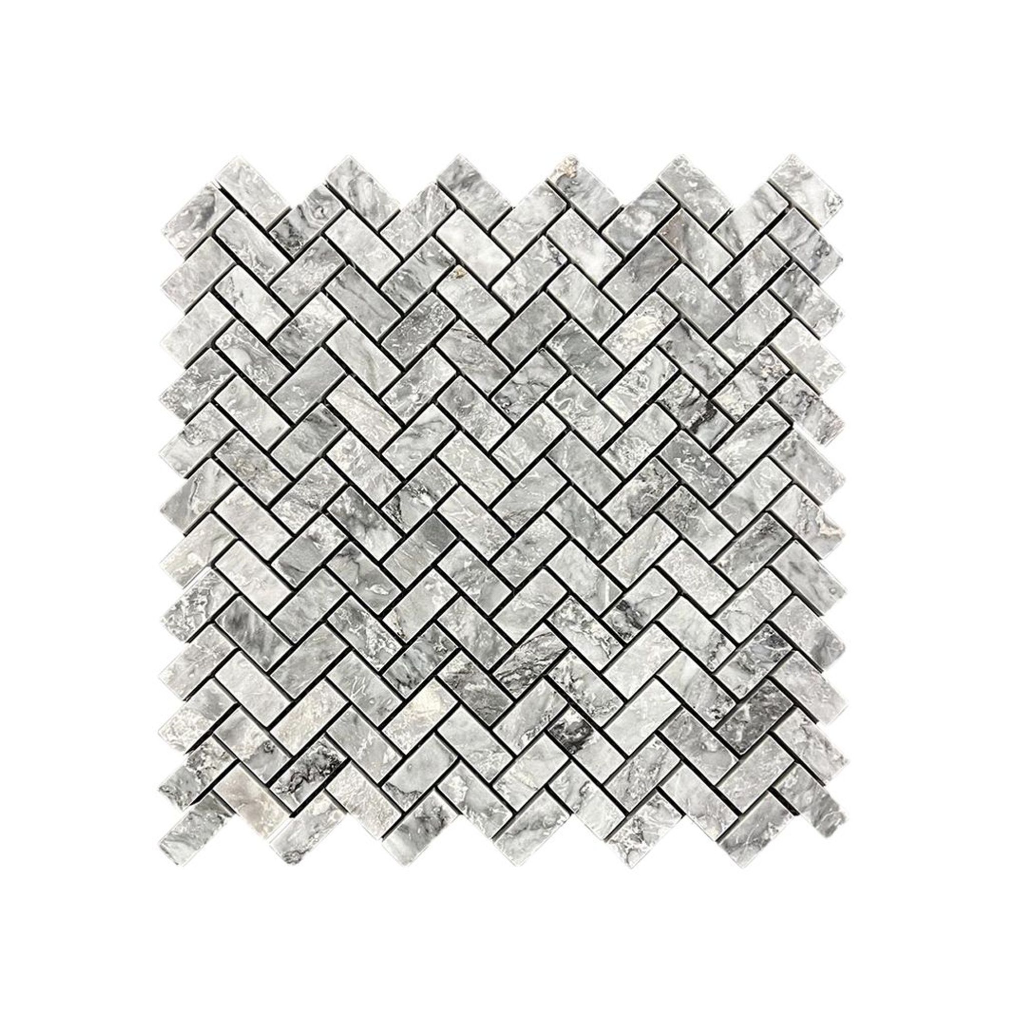 Honed Platinum Grey marble herringbone mosaic tile in grey with charcoal veining