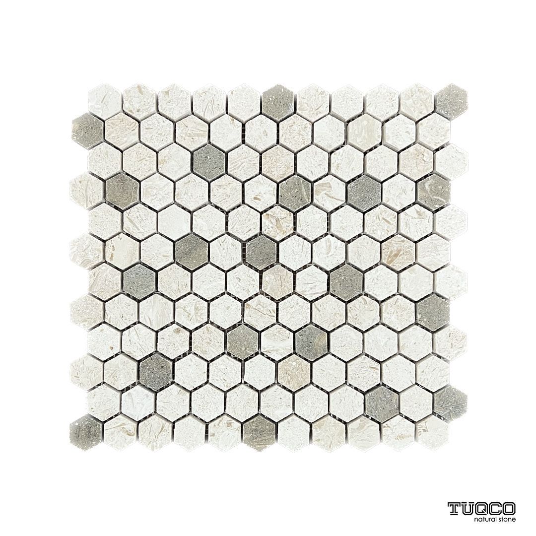 Brushed Shellstone limestone and rustic green hexagon mosaic tile in cream and green