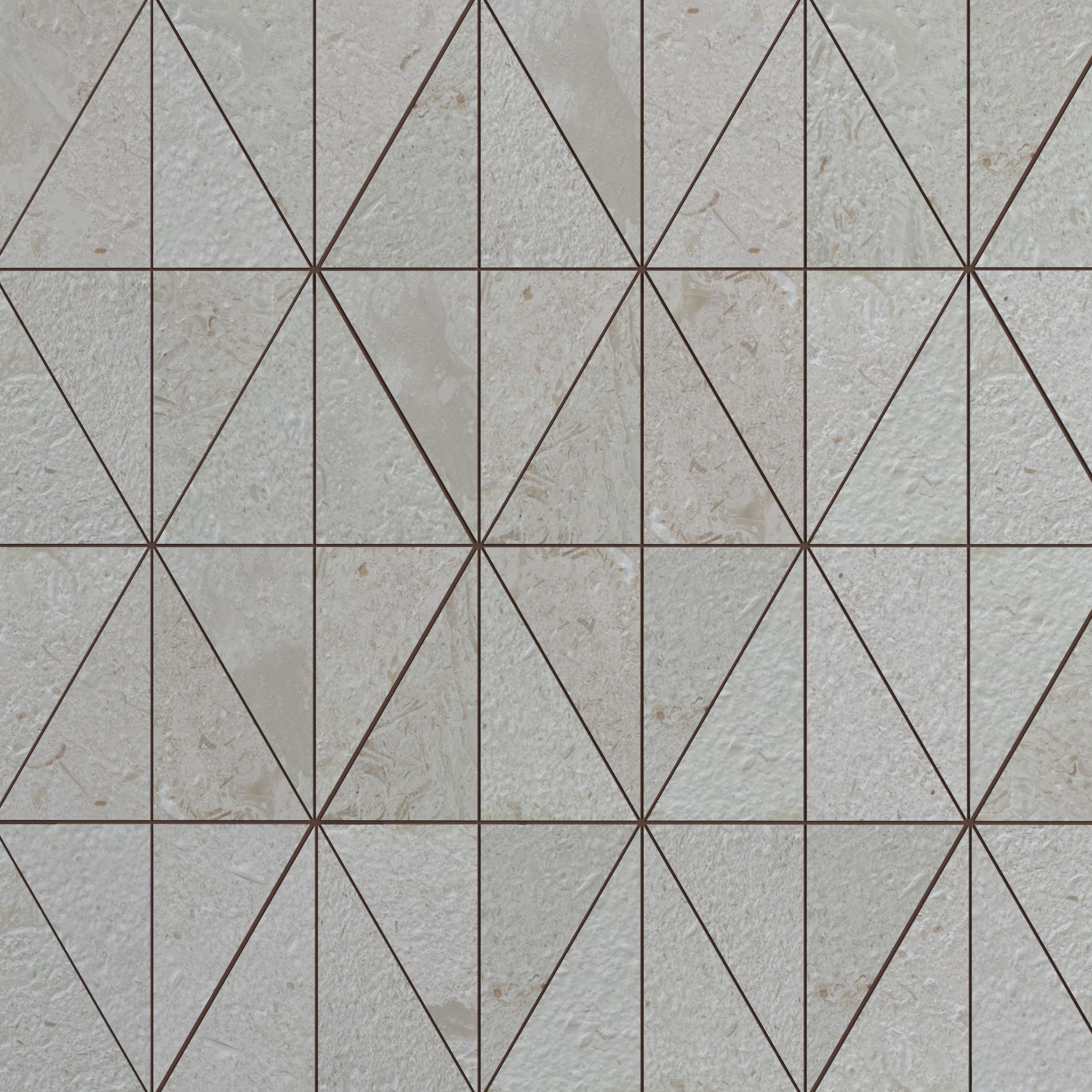 Brushed Shellstone limestone triangle mosaic tile in chalk, ecru and ash-blonde with fossils