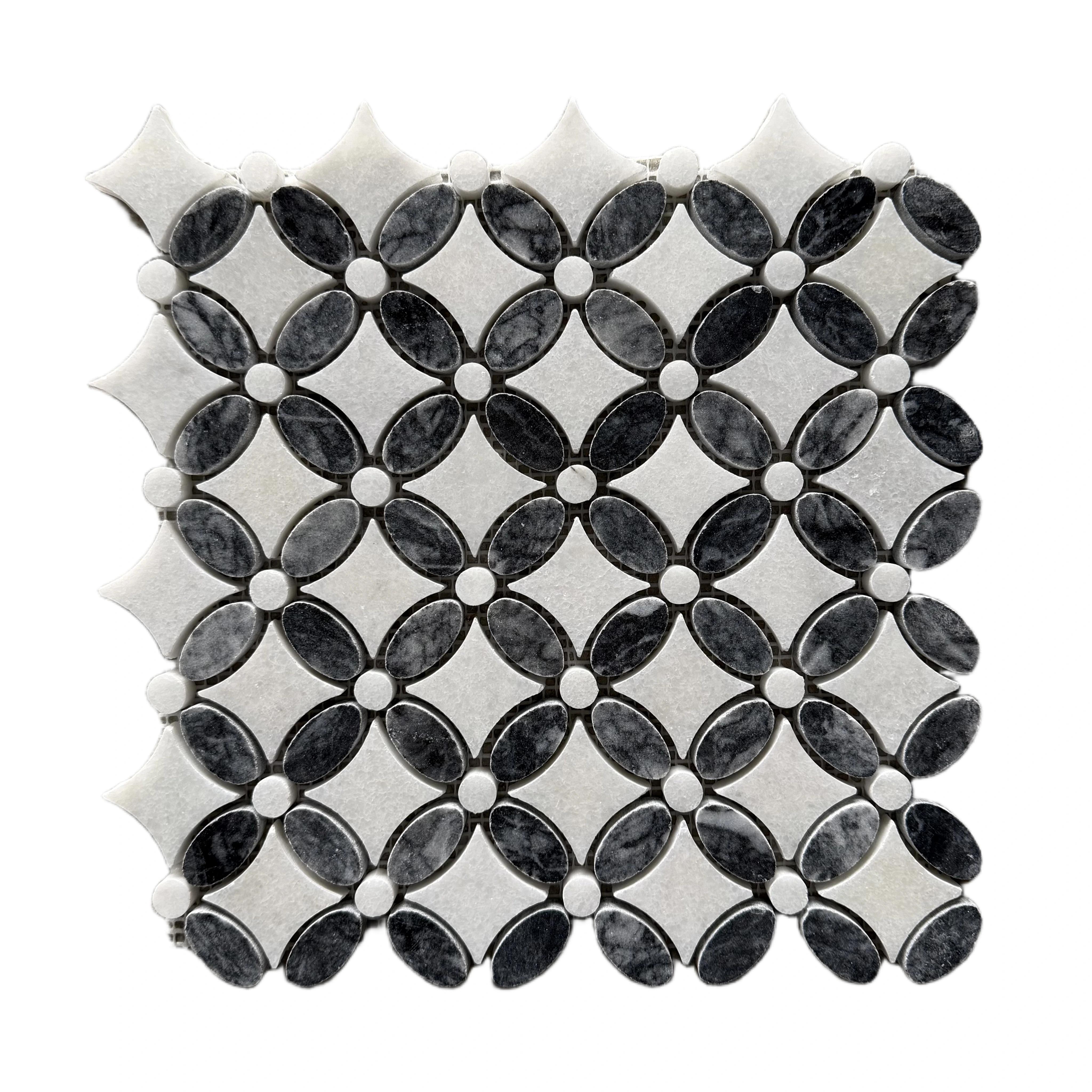 Polished Carrara white and Platinum Black marble flower mosaic tile, black petals with white accents